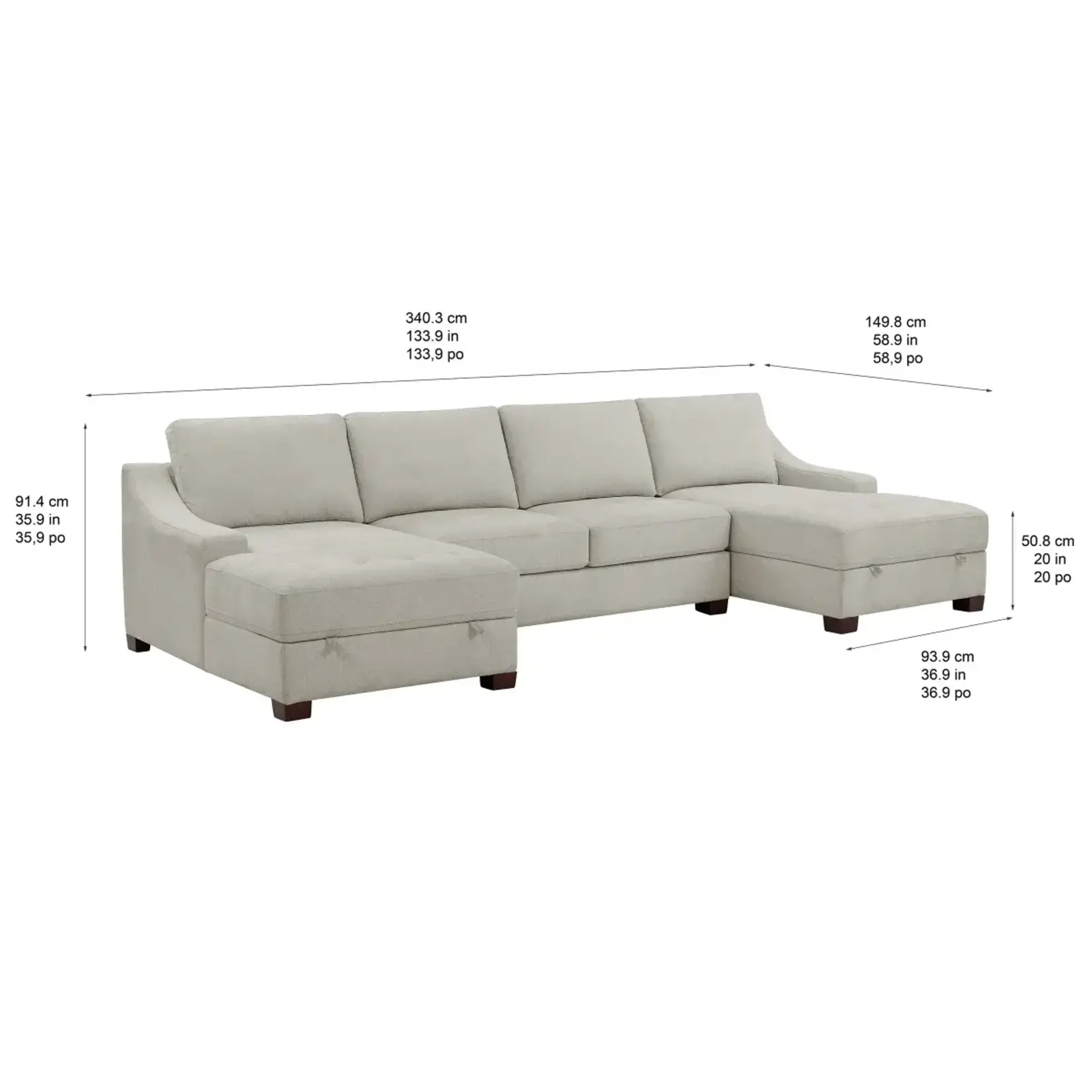 #1435202 Davenport 3-Piece Fabric Sectional with 2 Storage Chaise