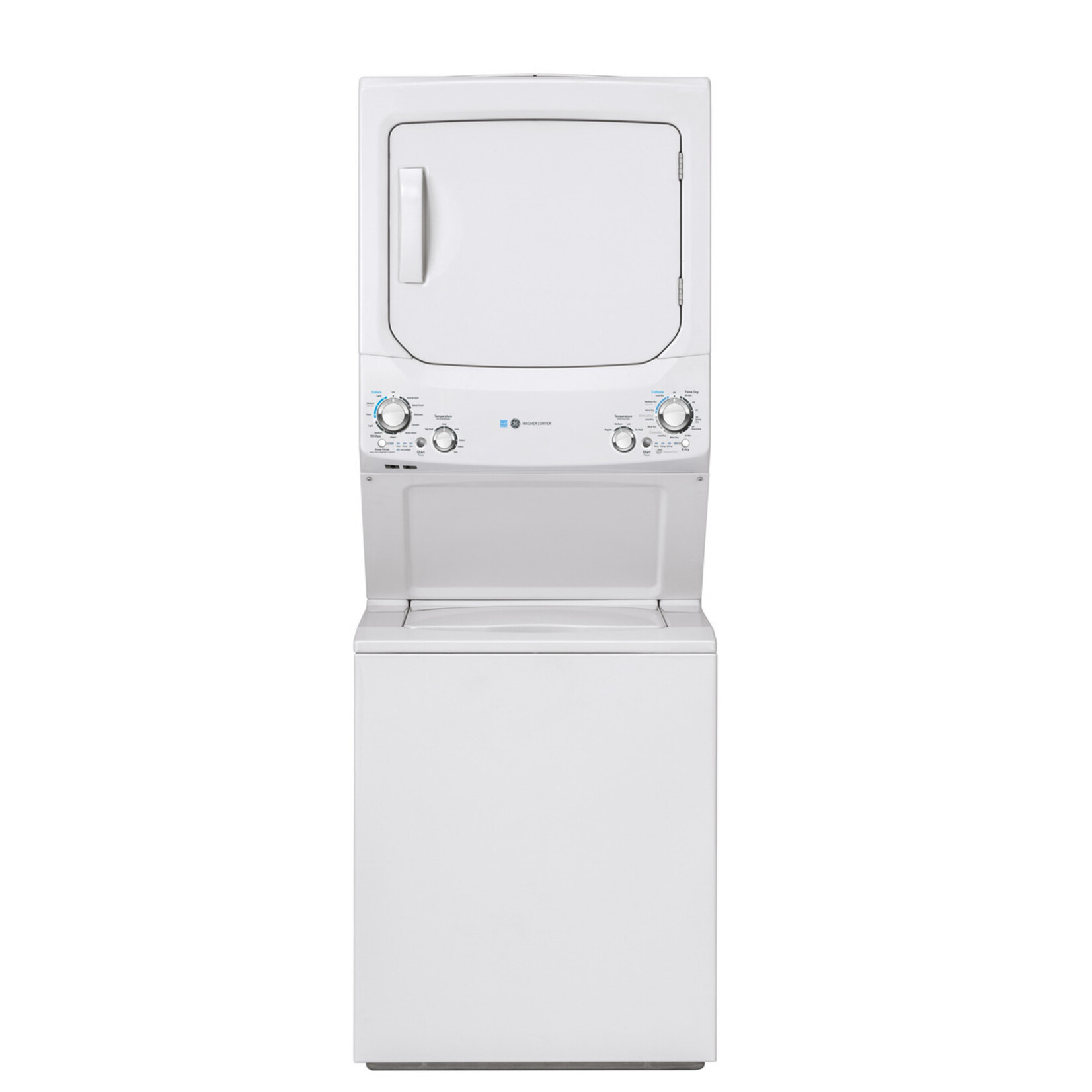 GE #GUD27EESNWW  GE Unitized Spacemaker® ENERGY STAR® 3.9 cu. ft. Capacity Washer with Stainless Steel Basket and 5.9 cu. ft. Capacity Electric Dryer