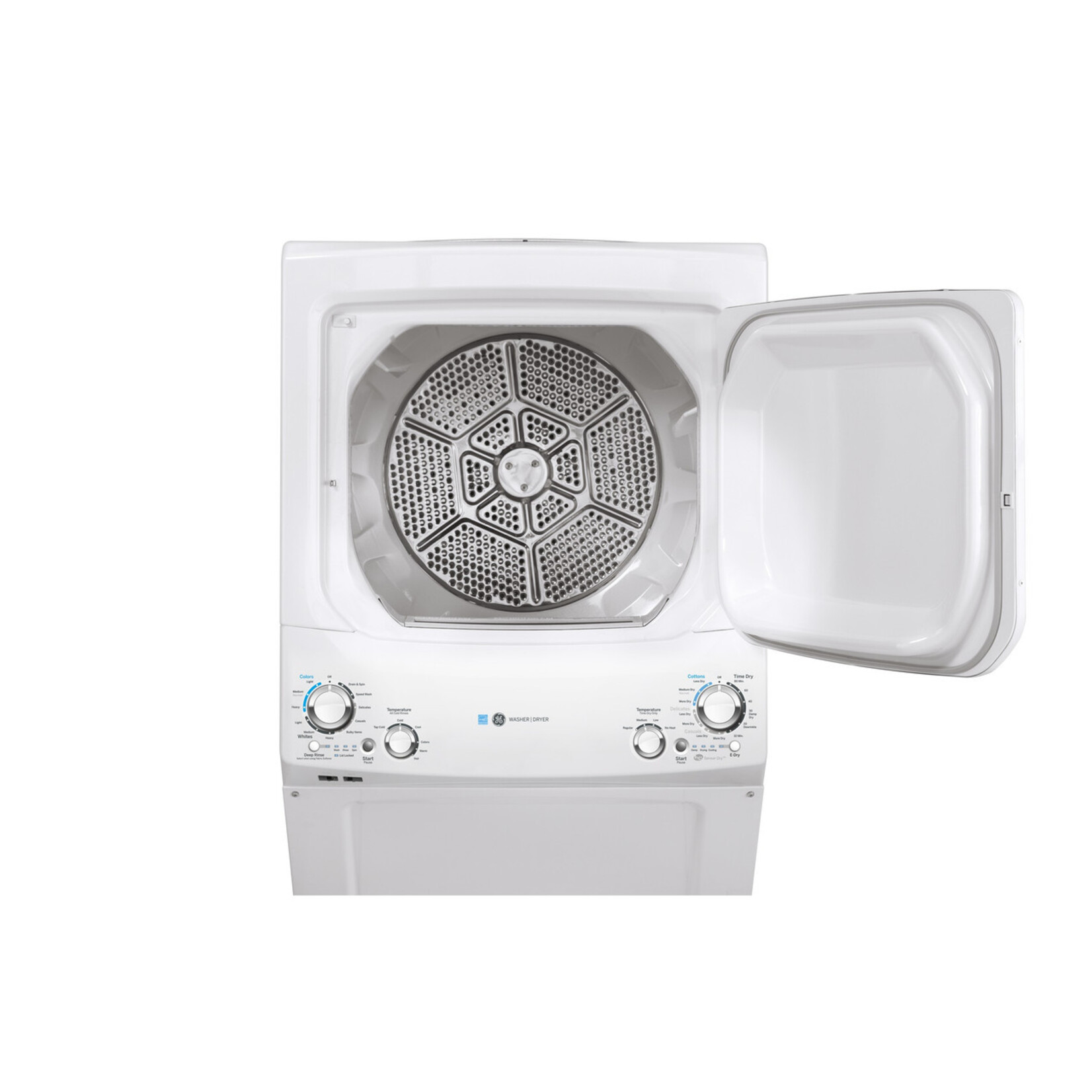 GE #GUD27EESNWW  GE Unitized Spacemaker® ENERGY STAR® 3.9 cu. ft. Capacity Washer with Stainless Steel Basket and 5.9 cu. ft. Capacity Electric Dryer