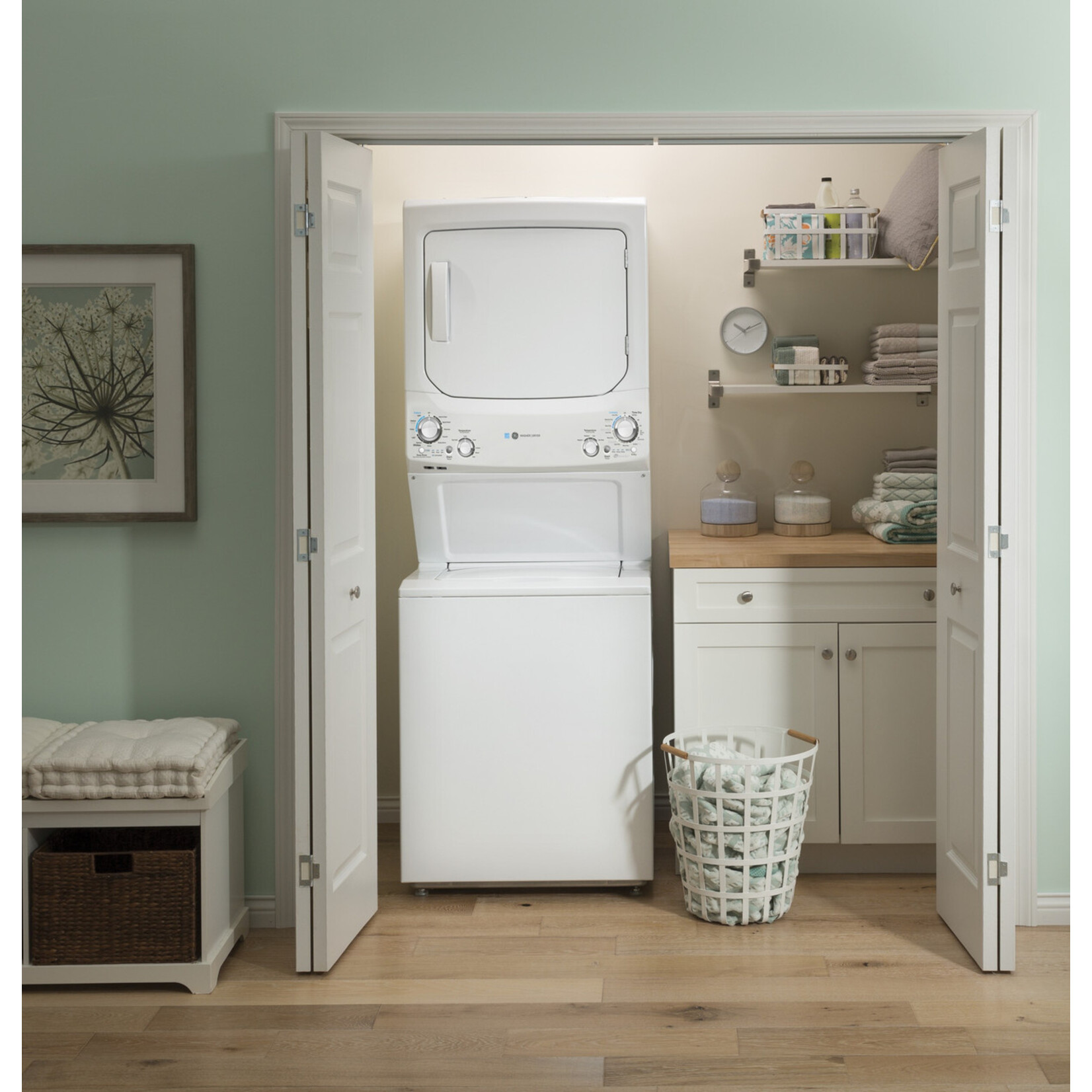 GE #GUD27EESNWW  GE Unitized Spacemaker® ENERGY STAR® 3.9 cu. ft. Capacity Washer with Stainless Steel Basket and 5.9 cu. ft. Capacity Electric Dryer
