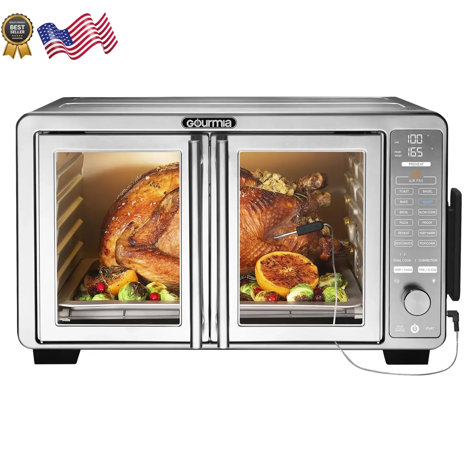GTF7860 Gourmia  XL Digital Air Fryer Oven with 13 Cooking Functions, Convection Mode, Dual Cook, and Temperature Probe