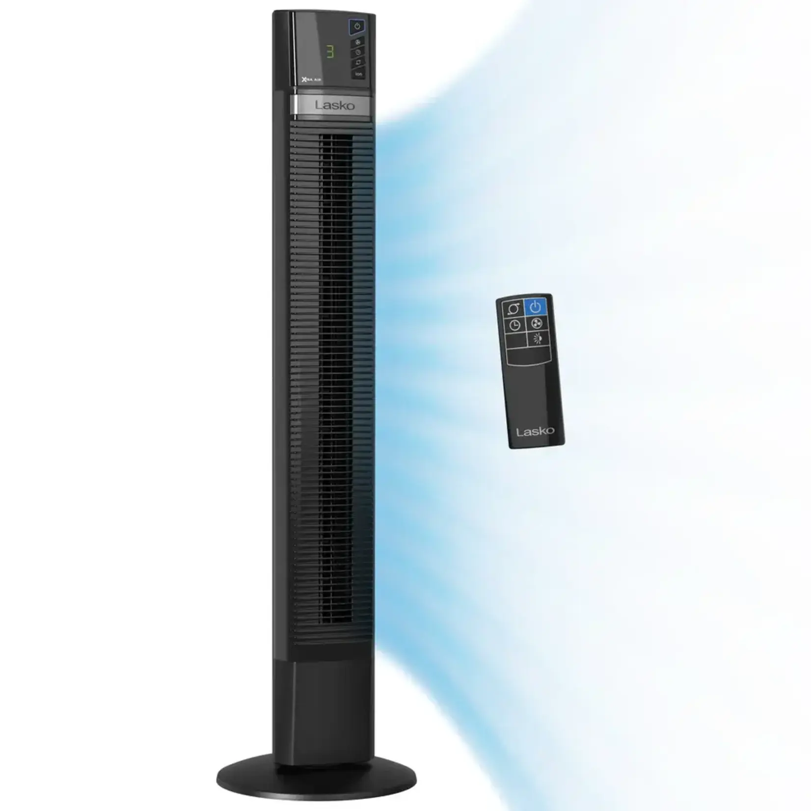 Lasko 48 in. Xtra Air 4-Speed Tower Fan in Black with Carry Handle, Oscillating, Remote Control, Nighttime Setting, Timer