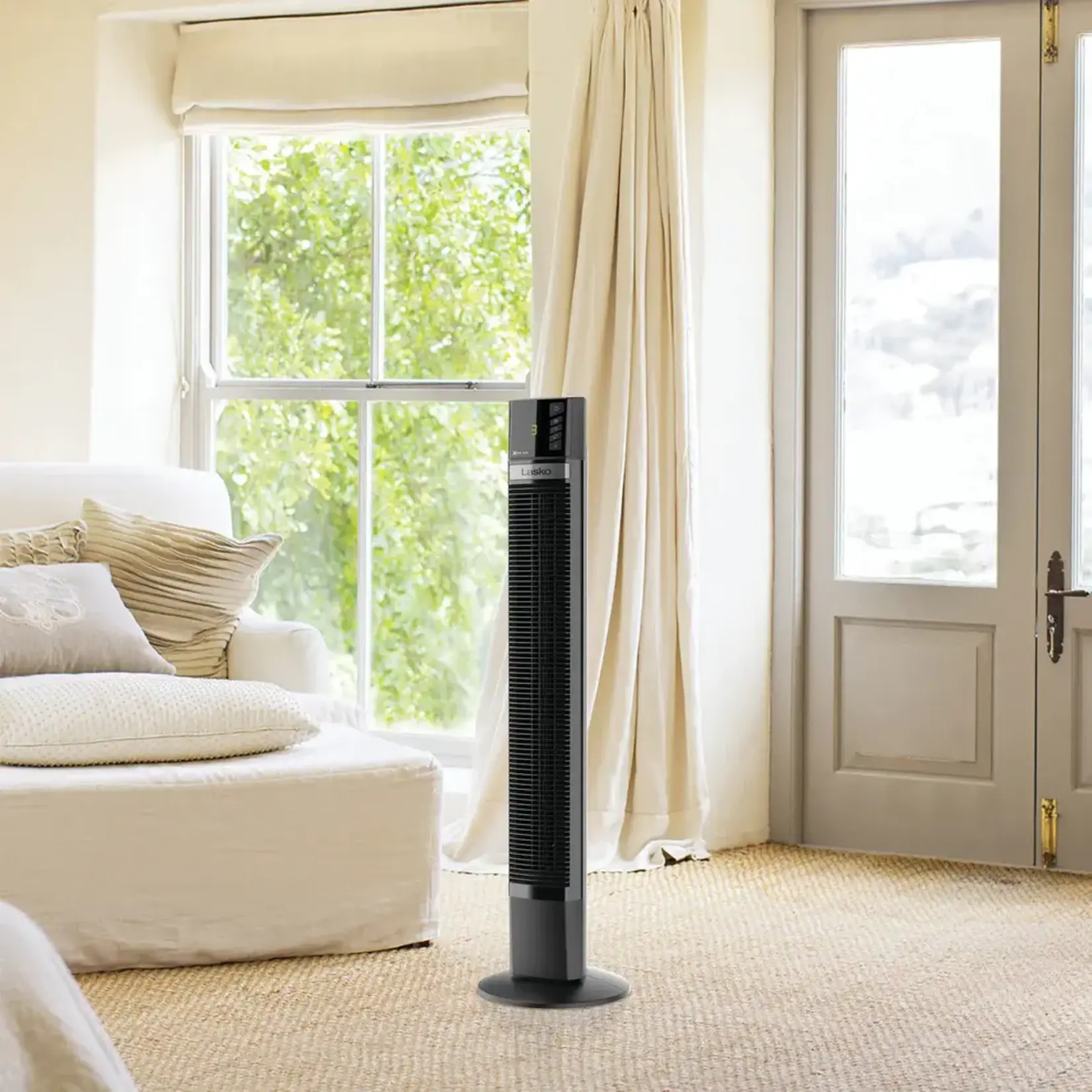 Lasko 48 in. Xtra Air 4-Speed Tower Fan in Black with Carry Handle, Oscillating, Remote Control, Nighttime Setting, Timer