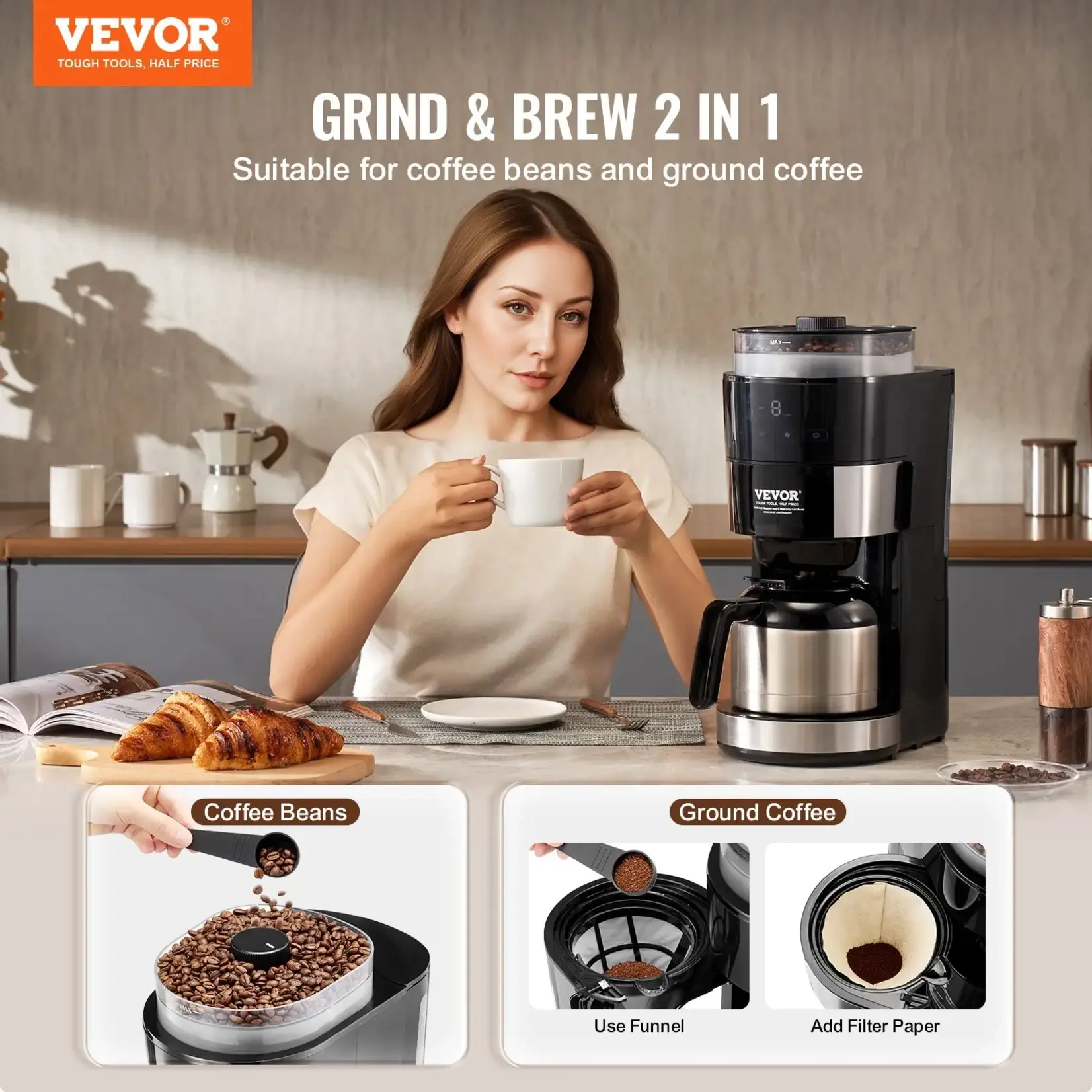 Grind and Brew Coffee Maker 8 Cup with Thermal Carafe for Whole Beans or Grounds