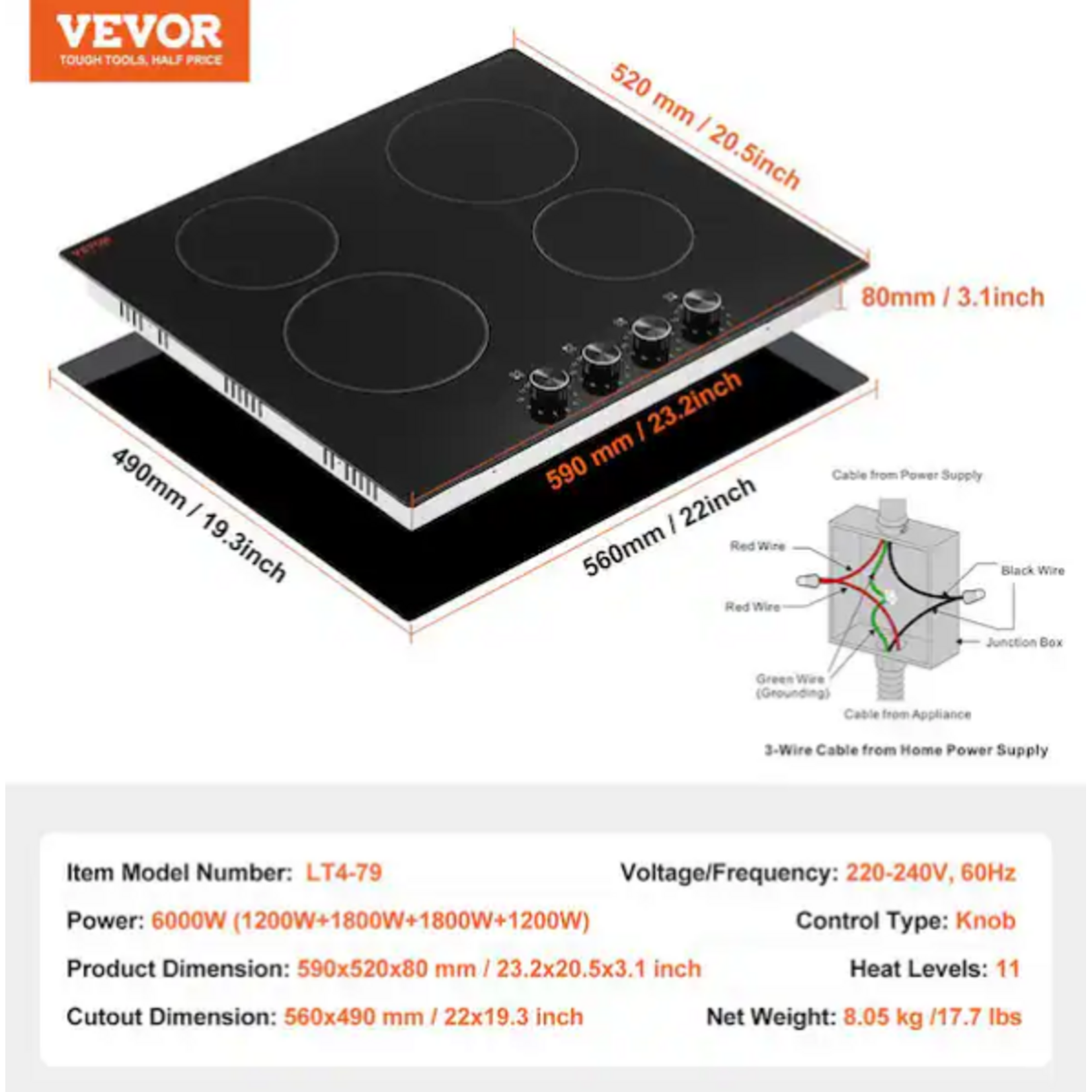 #LT4-79 - VEVOR Black Elements Electric Cooktop 24 in. 4-Burners Built-in Electric Stove Top 6000-Watt Ceramic Top Radiant Cooktop