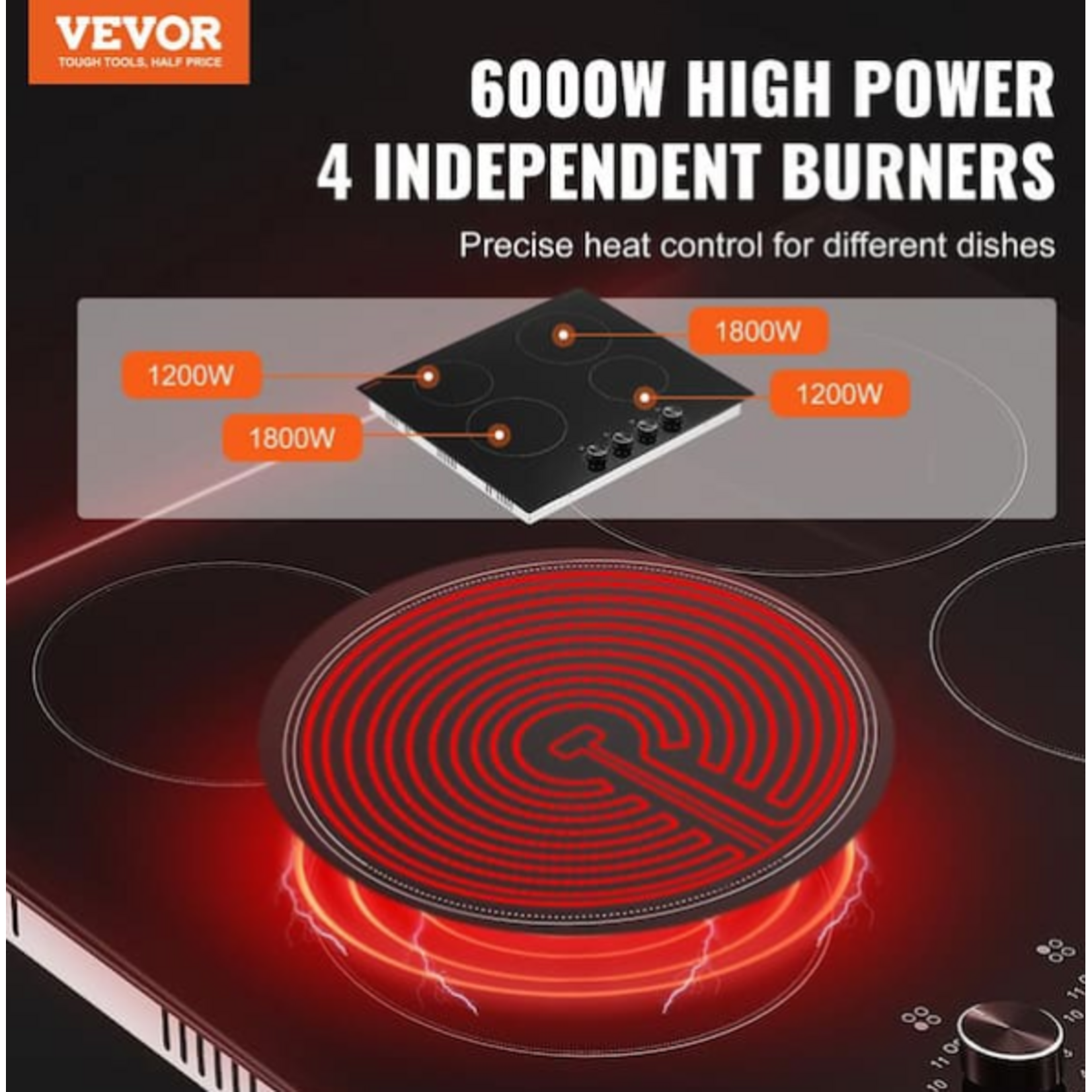 #LT4-79 - VEVOR Black Elements Electric Cooktop 24 in. 4-Burners Built-in Electric Stove Top 6000-Watt Ceramic Top Radiant Cooktop