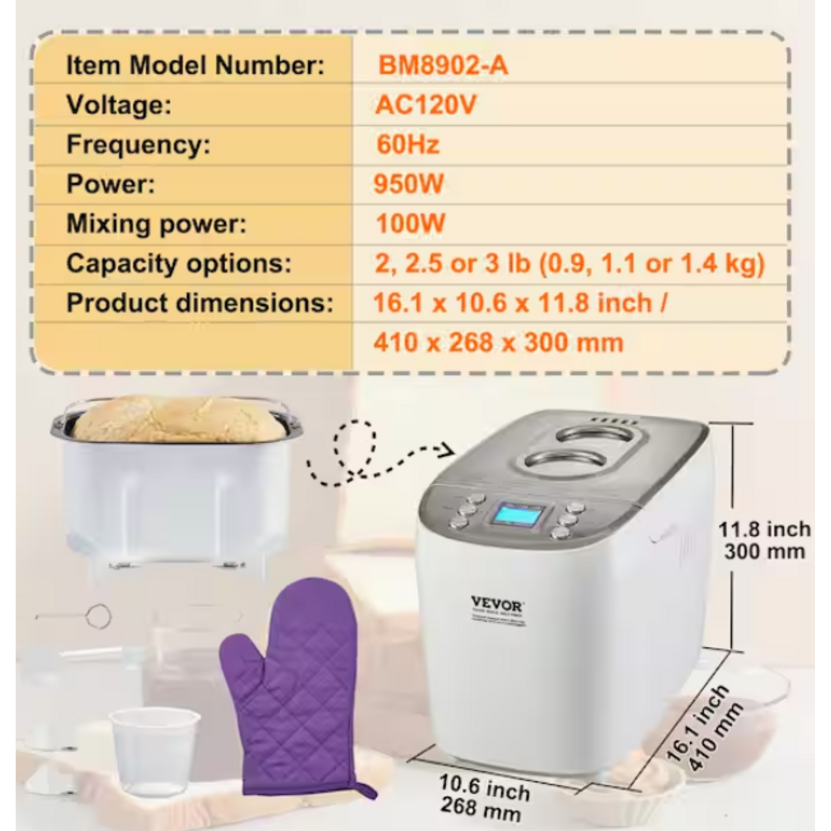 #BM8902-A - VEVOR Bread Maker, 15-in-1 3 lbs. Dough Machine, Nonstick Ceramic Pan Automatic Breadmaker with Gluten Free Setting White