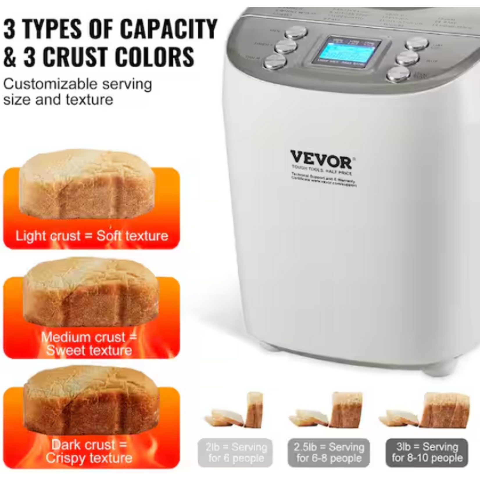 #BM8902-A - VEVOR Bread Maker, 15-in-1 3 lbs. Dough Machine, Nonstick Ceramic Pan Automatic Breadmaker with Gluten Free Setting White
