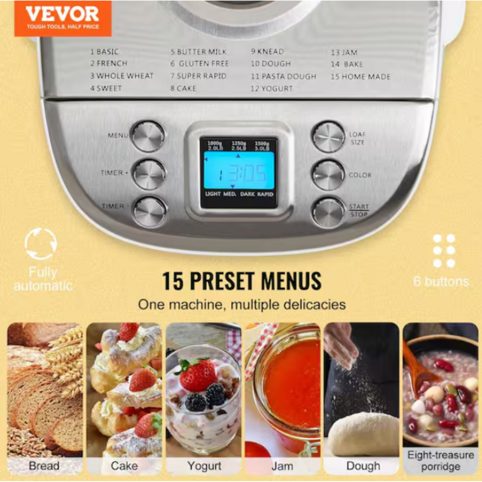 #BM8902-A - VEVOR Bread Maker, 15-in-1 3 lbs. Dough Machine, Nonstick Ceramic Pan Automatic Breadmaker with Gluten Free Setting White