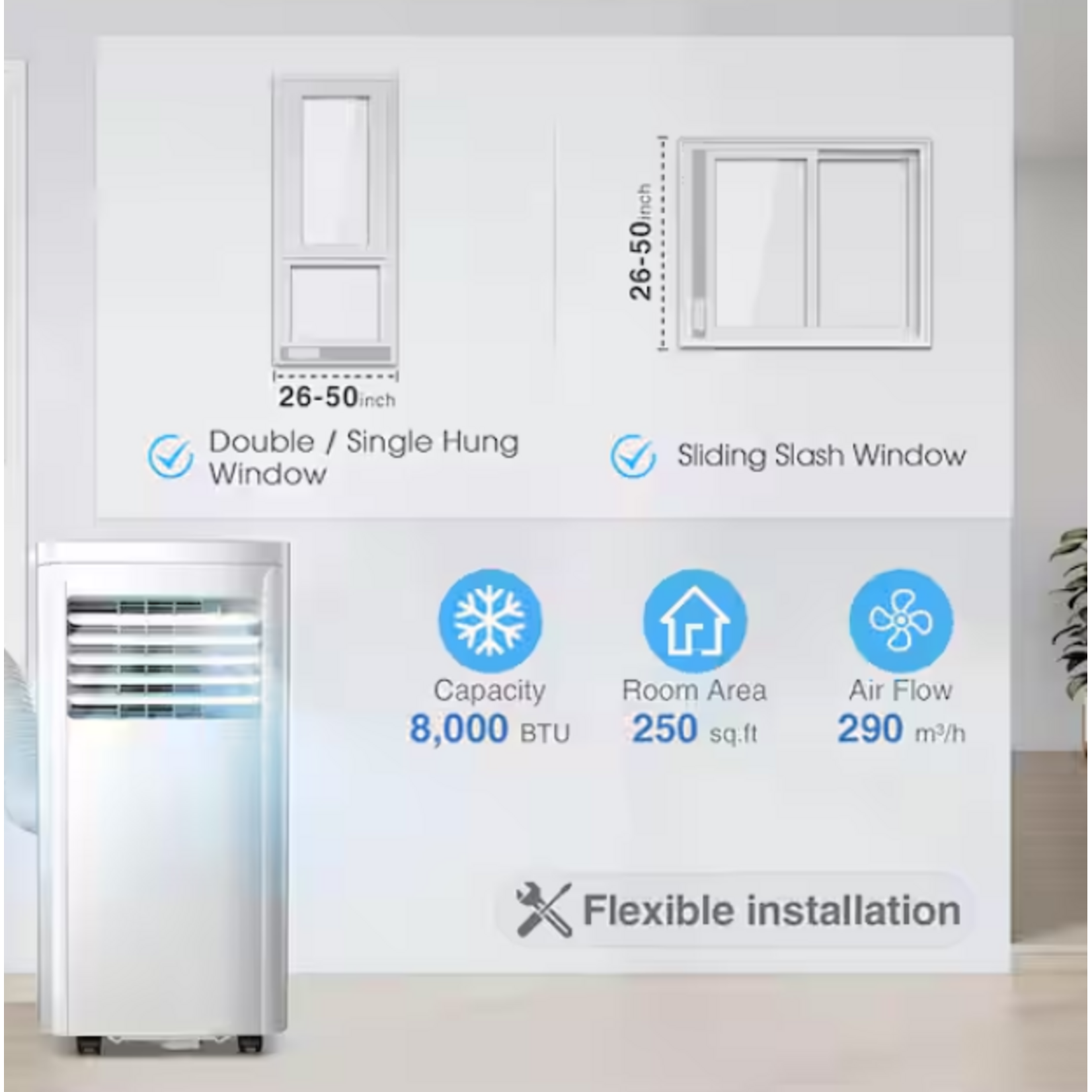 #A5406-8K-CS - COWSAR 8,000 BTU (5,000 BTU DOE) 115-Volt Quiet 55 dB Portable Air Conditioner w/Dehumidifier and Remote to 270 sq. ft. White