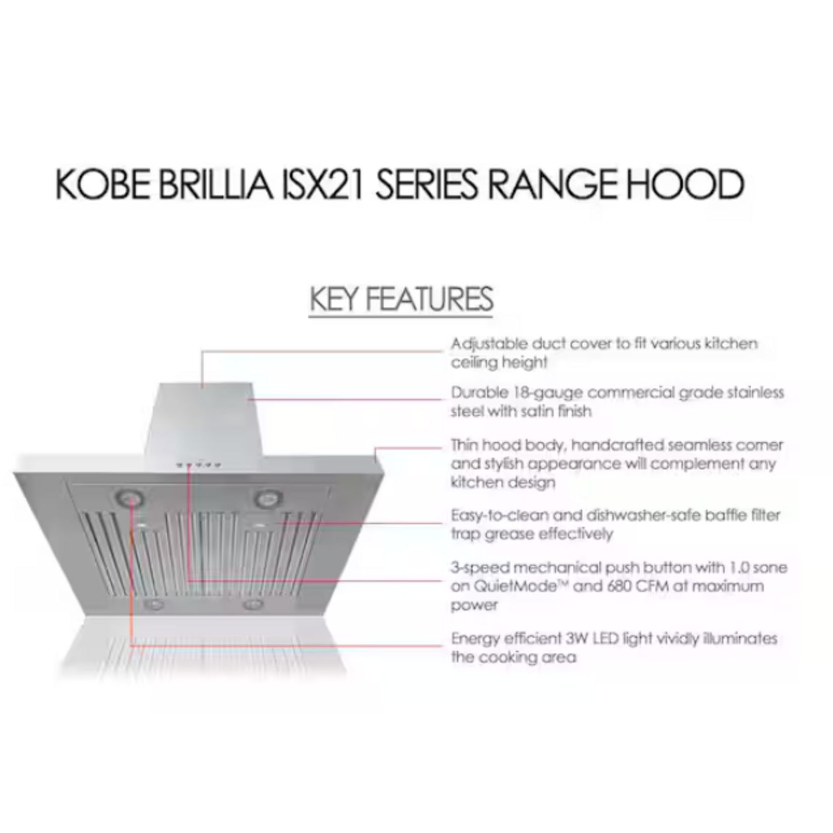 KOBE Range Hoods 36 in. 680 CFM Island Range Hood in Stainless Steel 3 Speed with QuietMode and 4 LED Lights