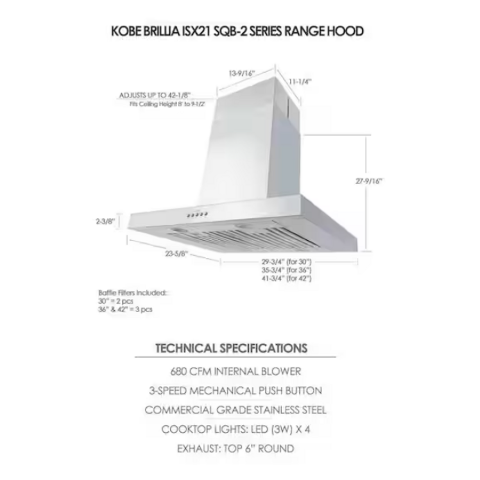 KOBE Range Hoods 36 in. 680 CFM Island Range Hood in Stainless Steel 3 Speed with QuietMode and 4 LED Lights