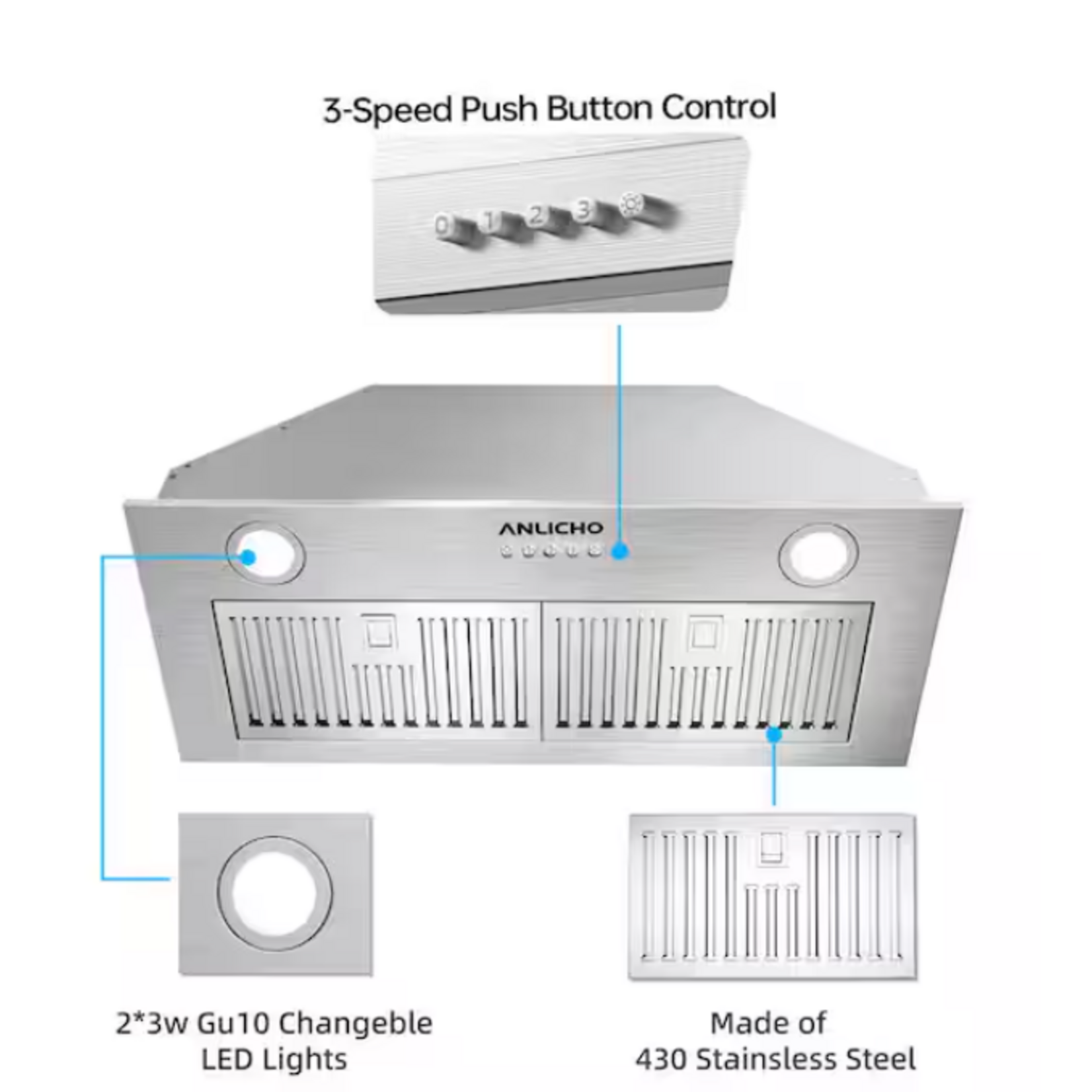 #HDRHB1-36S - Anlicho 36 in. 600 CFM Convertible Ducted to Ductless Insert Range Hood in Stainless Steel with 3-Speed and LED Lights
