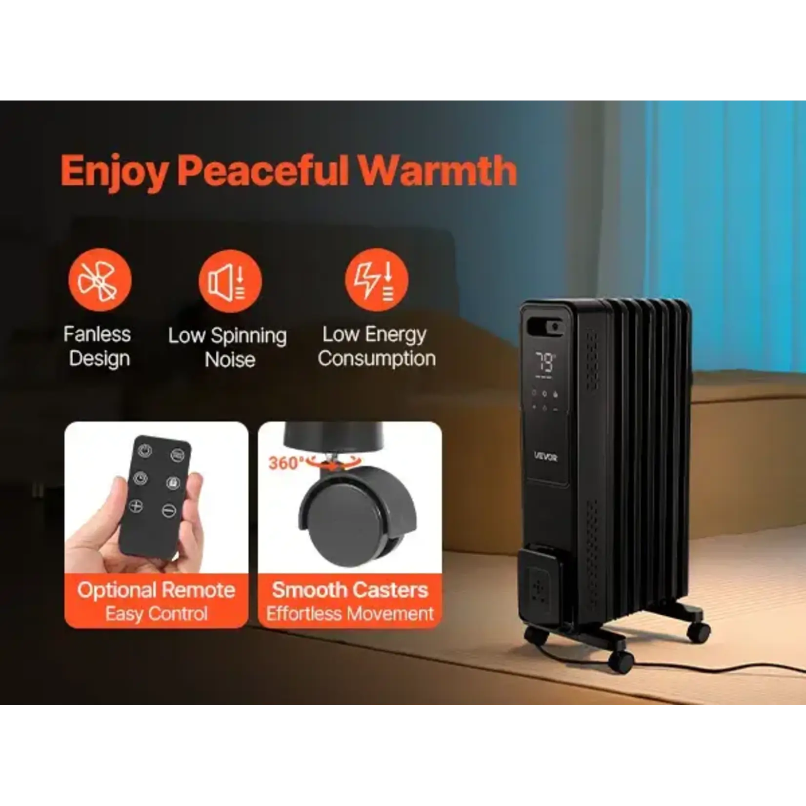 VEVOR HD9113E-L7QL-Electric Oil Filled Radiator, 1500W Radiant Space Heater with Dual U-shaped Heating Tubes, Over-Heat Protections,3 Heat Settings,24h Timer,