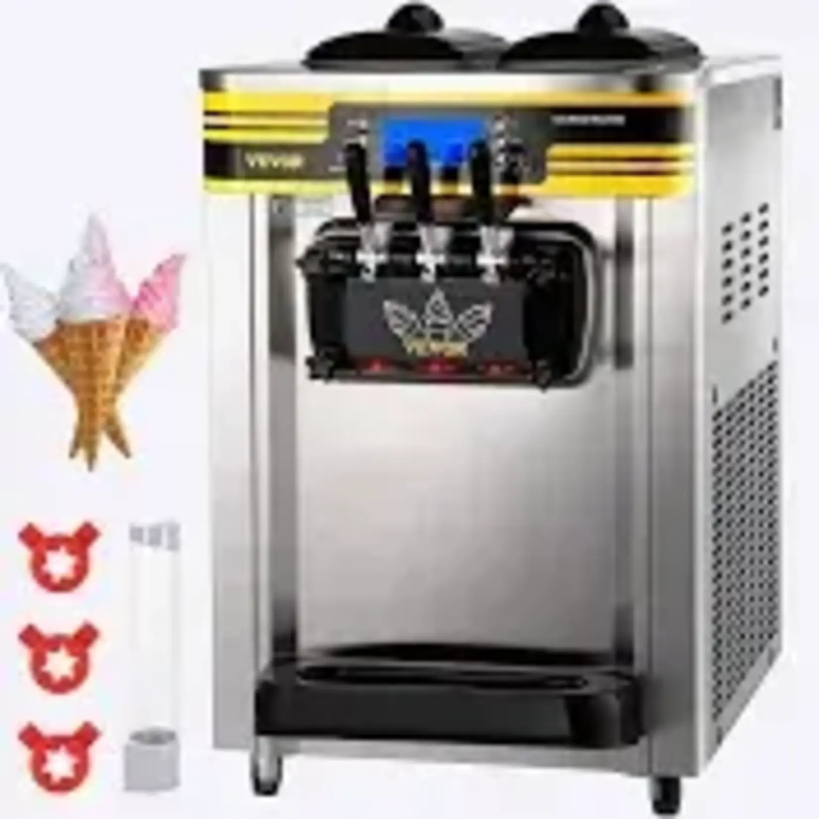 VEVOR-BJH288SR2JB-Y - Commercial Ice Cream Maker 2200-Watt Countertop Soft Serve Machine 22 l to 30 l/Hours Yield Frozen Yogurt Maker, Silver VEVOR - Commercial Ice Cream Maker 2200-Watt Countertop Soft Serve Machine 22 l to 30 1/Hours