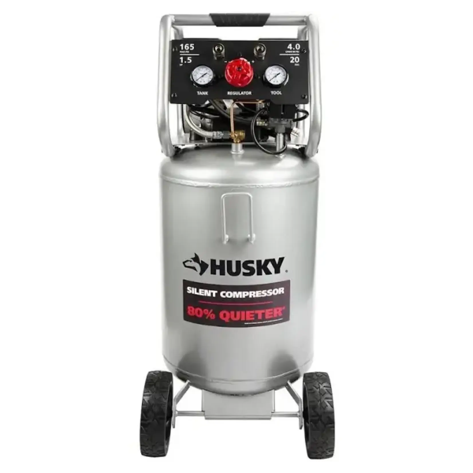 Husky-3332013- 20 Gal.165 PSI Vertical Electric Oil-Free Quiet Auto/Workshop Air Compressor with Dual Gauges and 2-Quick Couplers