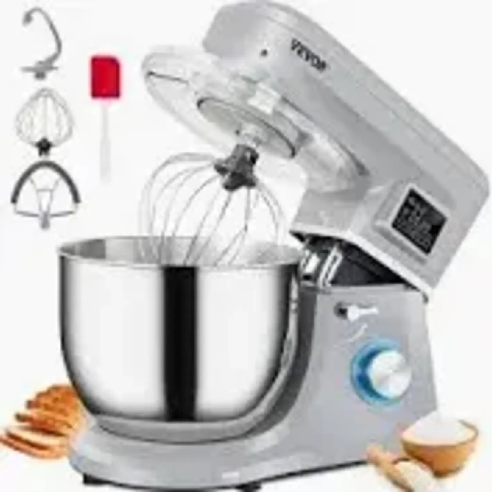 VEVOR Stand Mixer-SM-1507L 660W Electric Dough Mixer with 6 Speeds LCD Screen Timing Food Mixer with 7.4 Qt. Stainless Steel Bowl, Gray