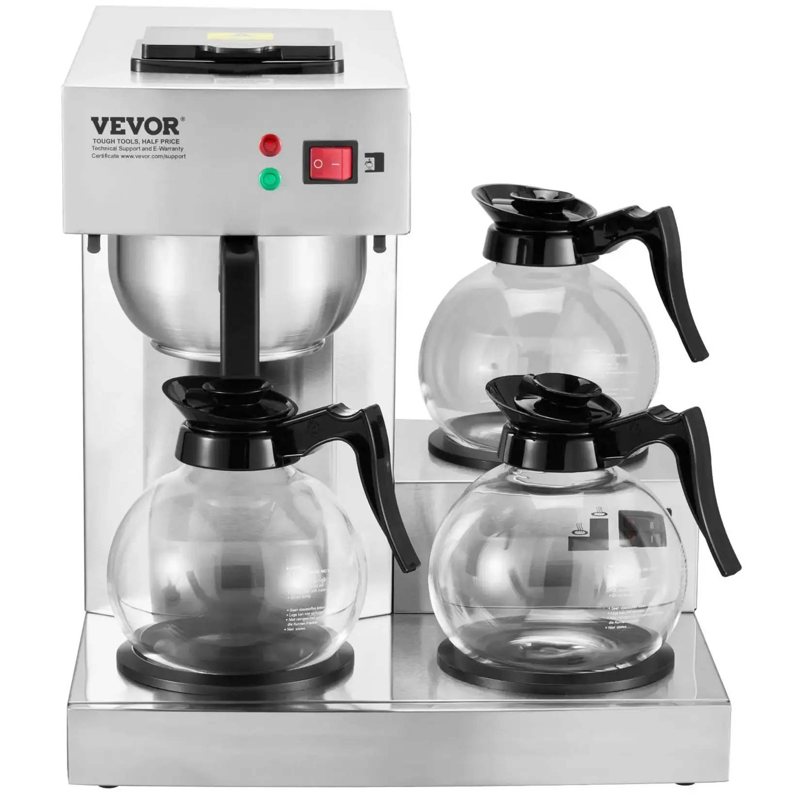 VEVOR  RBT-386-BD3-12-Cups Commercial Drip Coffee Maker, Coffee Maker Machine with 3-Glass Carafes and 3-Warmer Plates, Stainless Steel