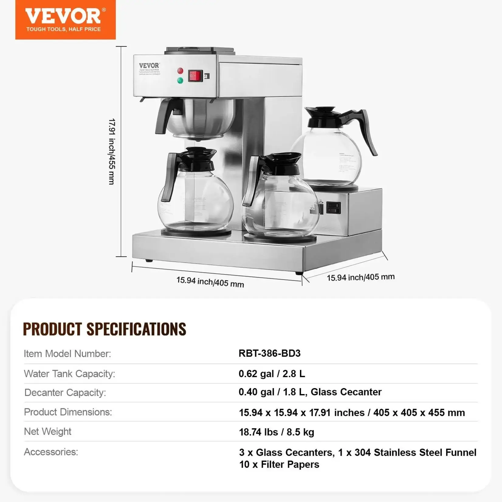 VEVOR  RBT-386-BD3-12-Cups Commercial Drip Coffee Maker, Coffee Maker Machine with 3-Glass Carafes and 3-Warmer Plates, Stainless Steel