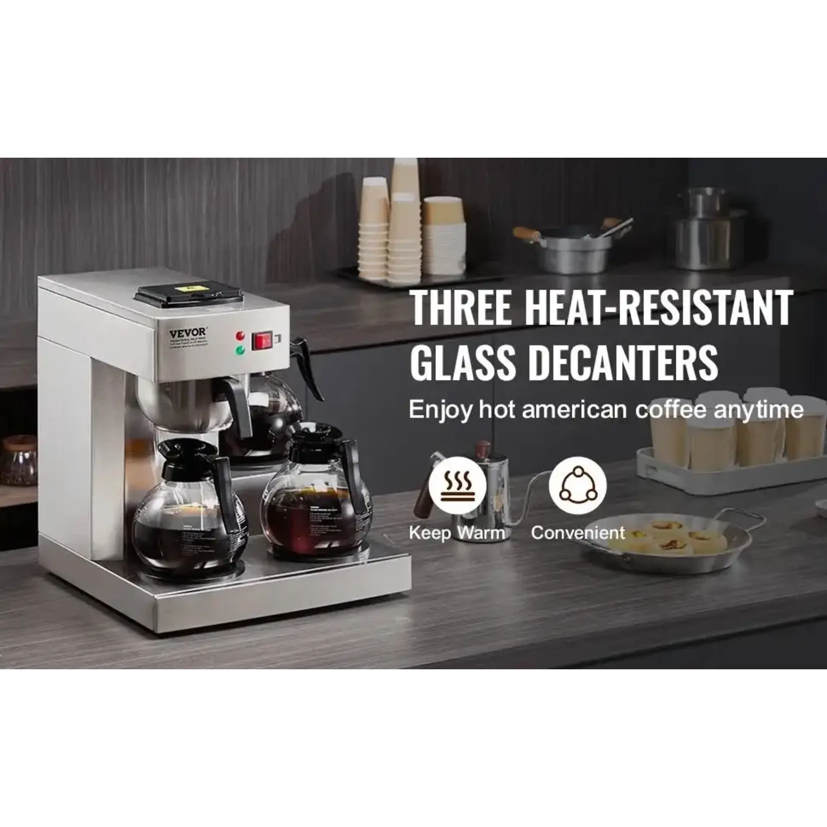 VEVOR  RBT-386-BD3-12-Cups Commercial Drip Coffee Maker, Coffee Maker Machine with 3-Glass Carafes and 3-Warmer Plates, Stainless Steel