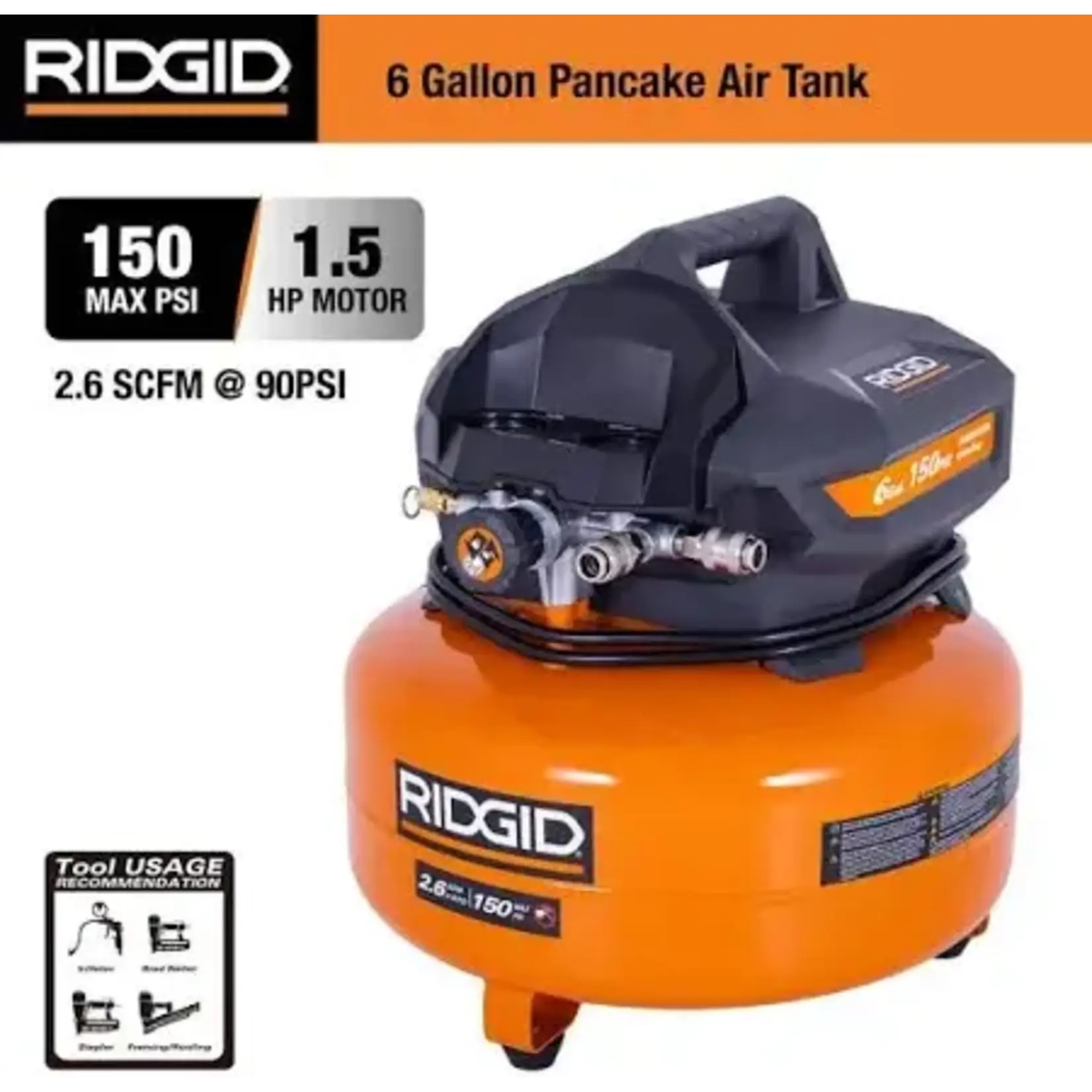 RIDGID -6 Gal. 150 PSI Portable Electric Oil-Free Jobsite Pancake Air Compressor with Dual Pressure Gauges and 2-Quick Couplers