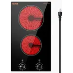 VEVOR Electric Cooktop, 12 inch 2 Burners Built-in Electric Stove Top, 1800W Ceramic Top Radiant Cooktop, with Glass Panel, Knob Control, 11 Heat Levels, 120V, for Diverse Cooking Requirements