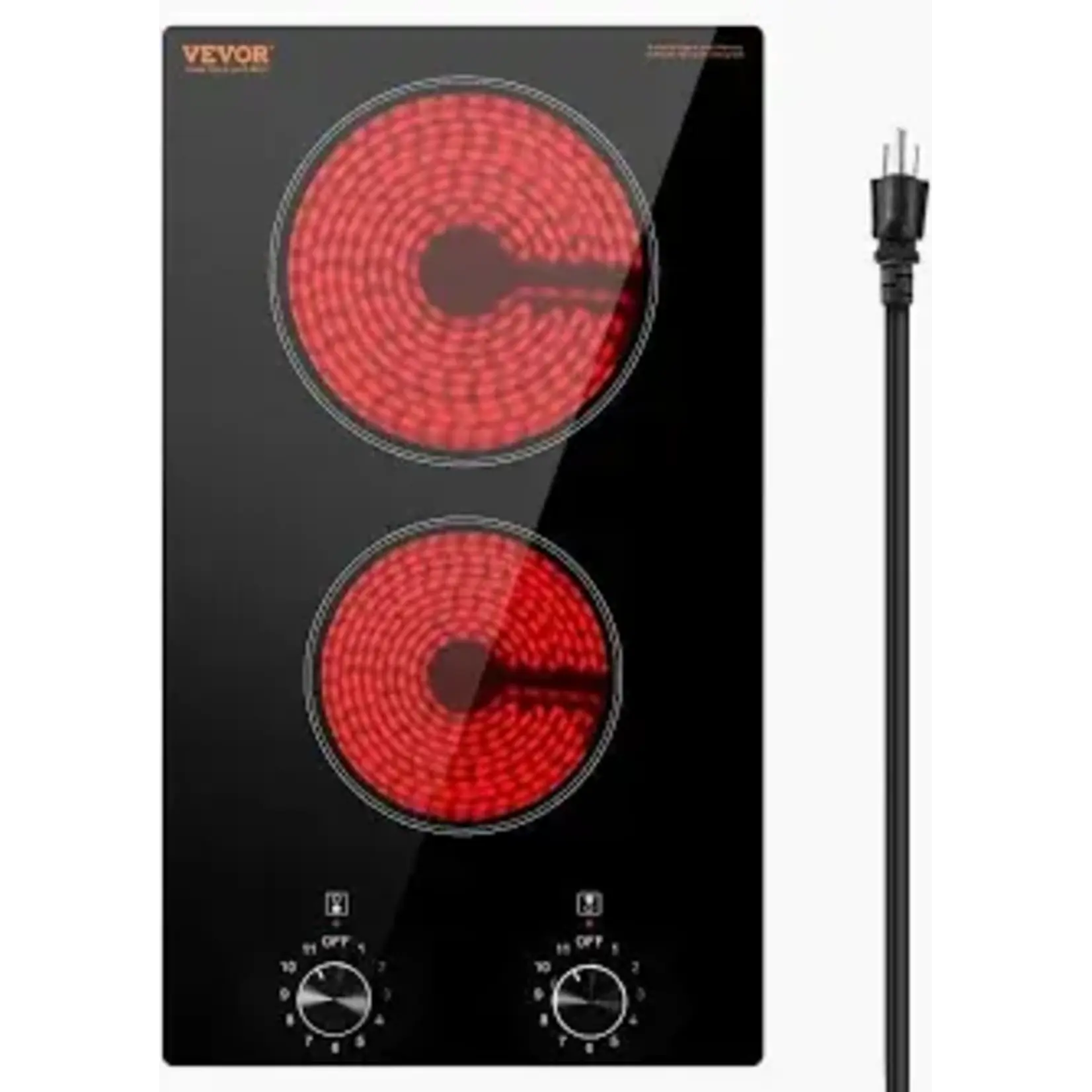 VEVOR Electric Cooktop, 12 inch 2 Burners Built-in Electric Stove Top, 1800W Ceramic Top Radiant Cooktop, with Glass Panel, Knob Control, 11 Heat Levels, 120V, for Diverse Cooking Requirements