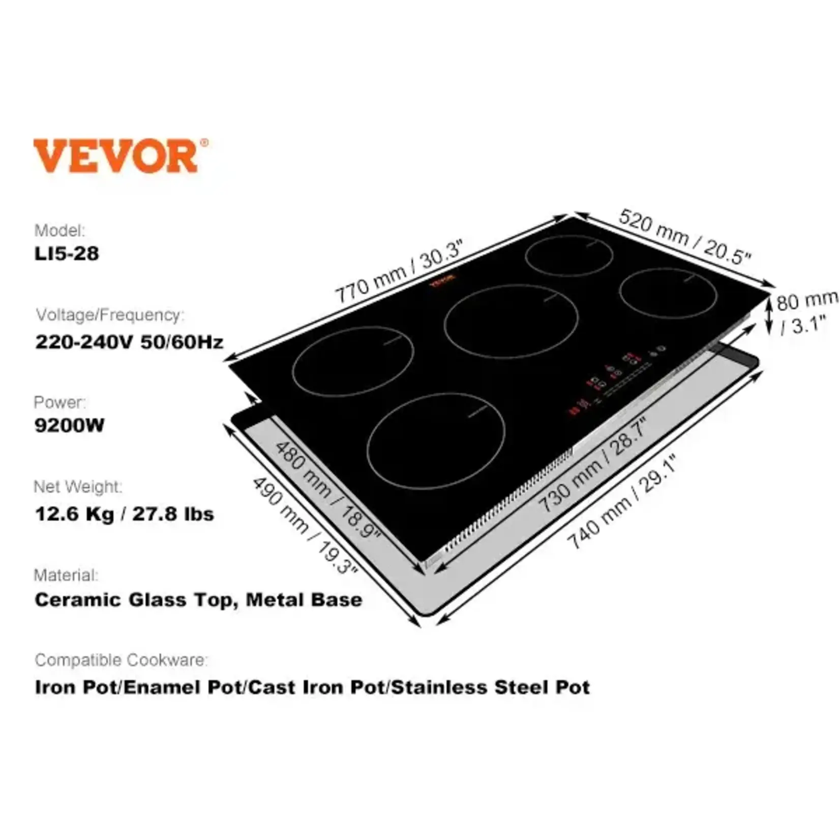 VEVOR -LI5-28-Built-in Induction Electric Stove Top 5 Burners Ceramic Glass Surface Electric Cooktop 30.3 x 20.5 in. Radiant Cooktop