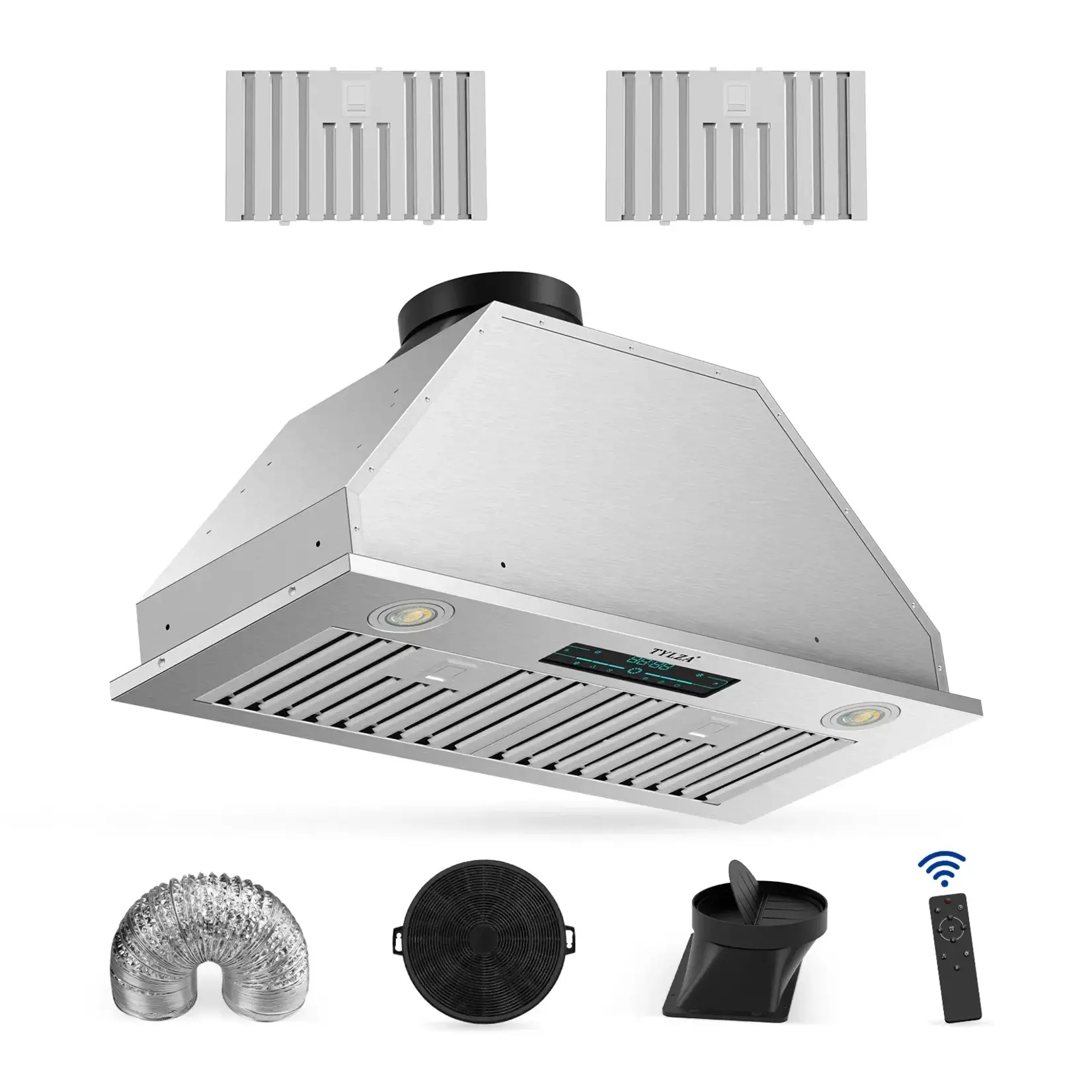 TYLZA Tylza -KMB02-30-30 in. 900 CFM Convertible Ductless to Ducted Insert Range Hood in Stainless Steel with Charcoal Filter 2 3-Watt LED