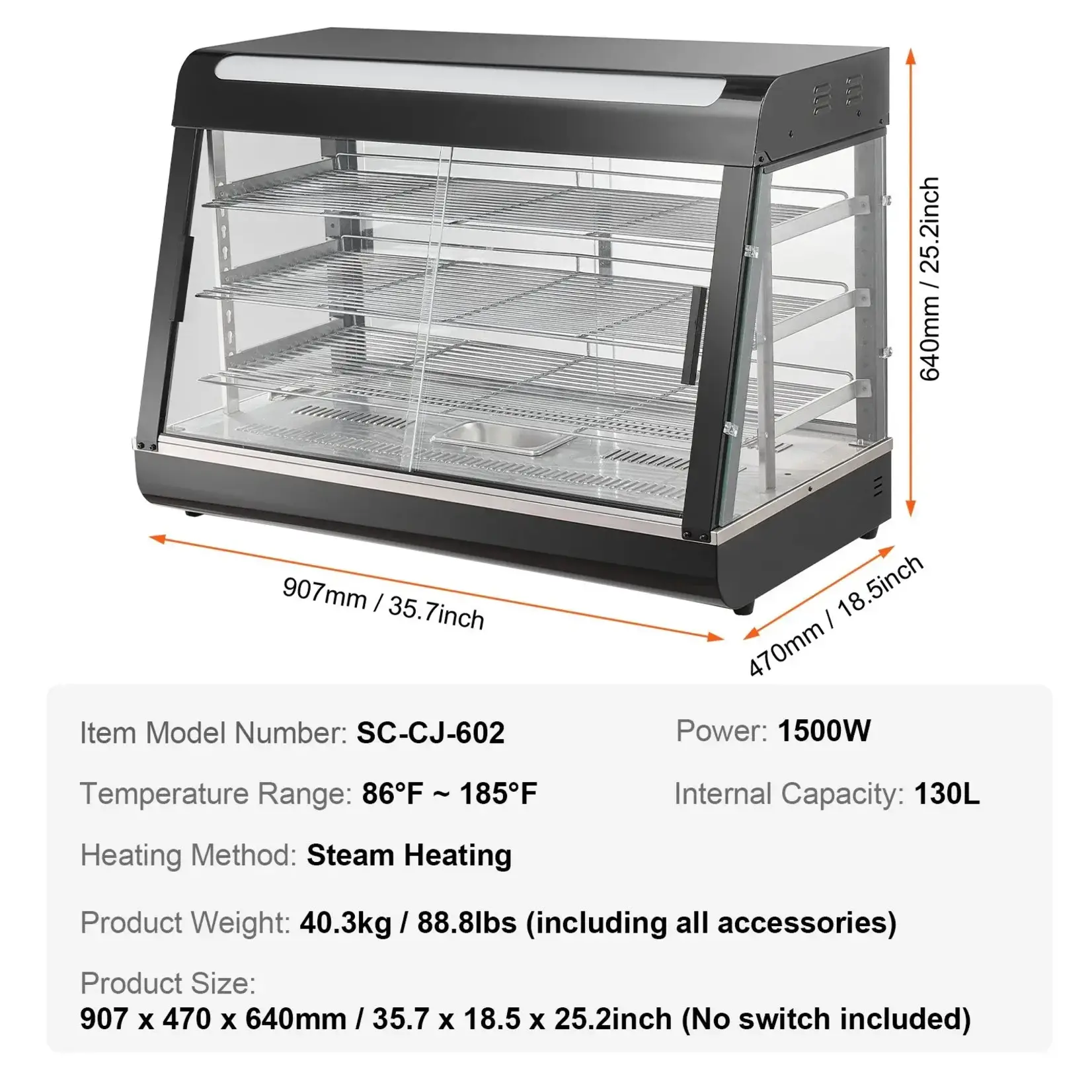 VEVOR Tier 3(SC-CJ-602) Commercial Food Warmer Display, 1500W with Light, Adjustable Shelf and Temperature Display, 86℉~185℉