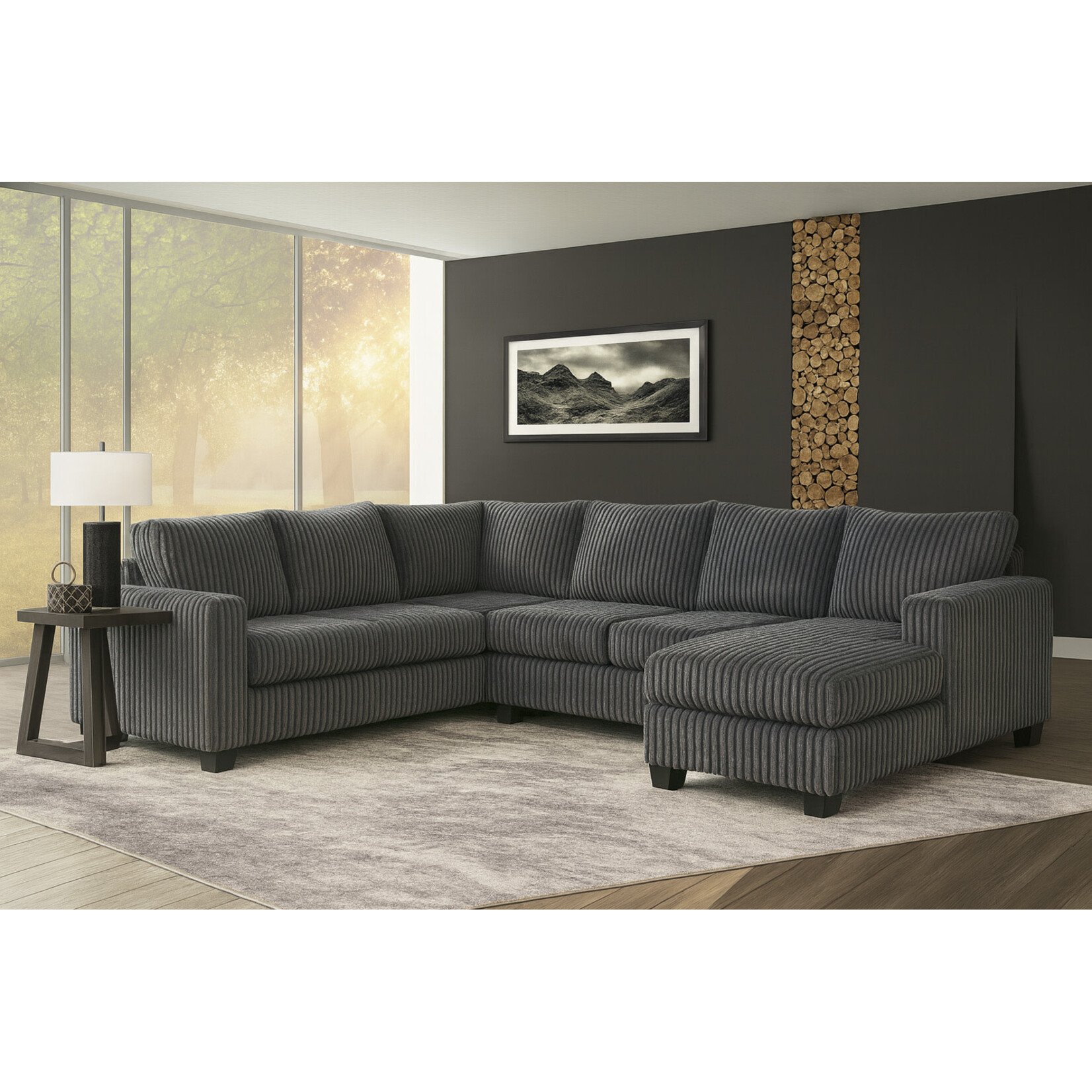Nationwide Furniture Distributors #U407 - Contemporary Three Piece Sectional in a Dark Grey Color Corduroy Fabric