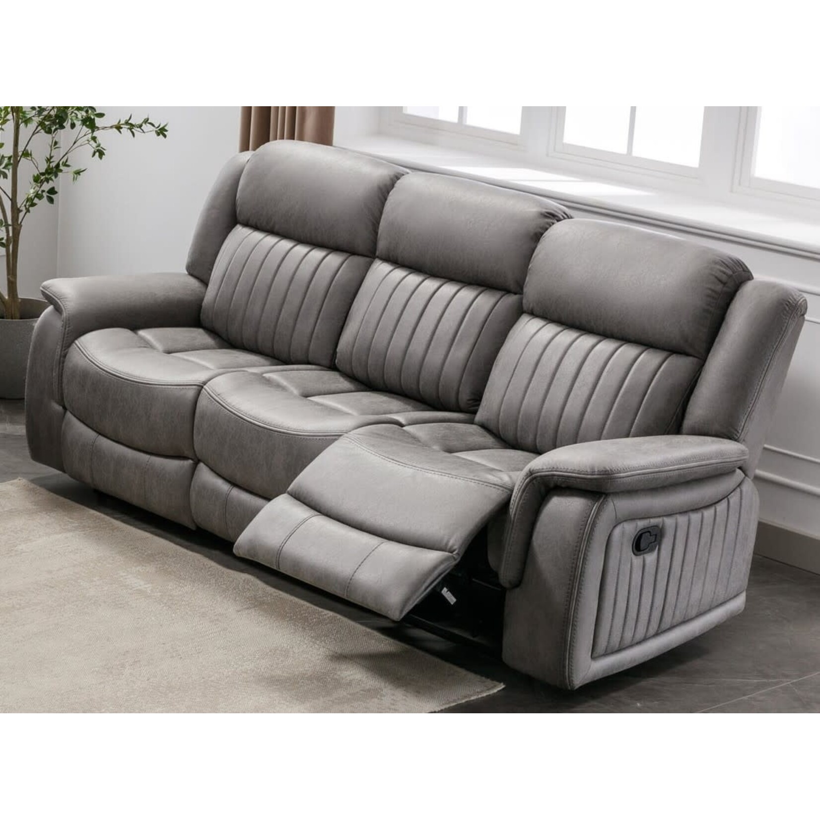 Nationwide Furniture Distributors #U147S - Contemporary Manual Motion Reclining Sofa in a Grey Polyester Fabric w/ Drop Down Table