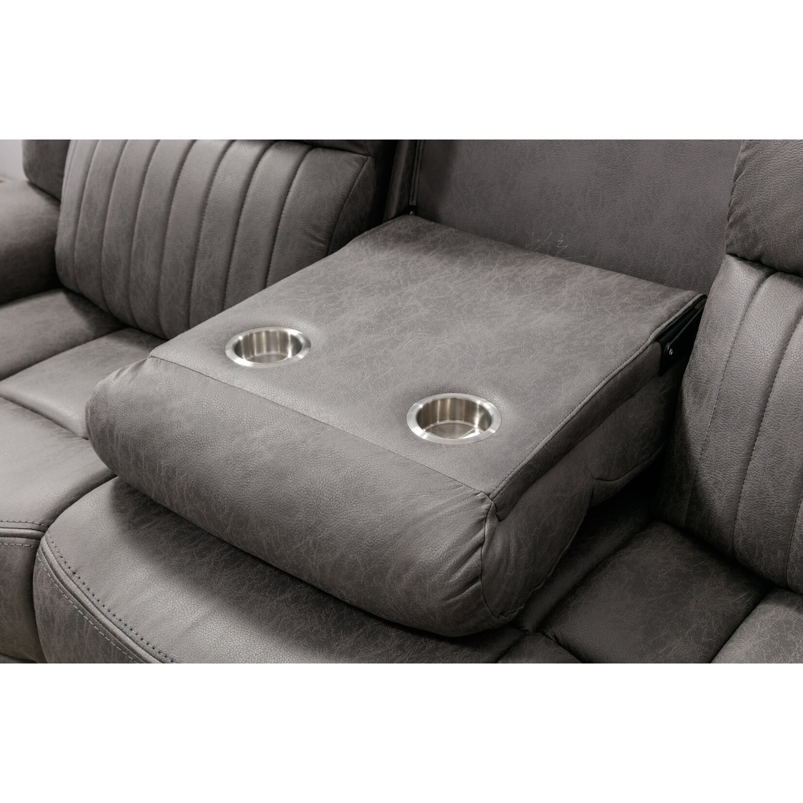 Nationwide Furniture Distributors #U147S - Contemporary Manual Motion Reclining Sofa in a Grey Polyester Fabric w/ Drop Down Table