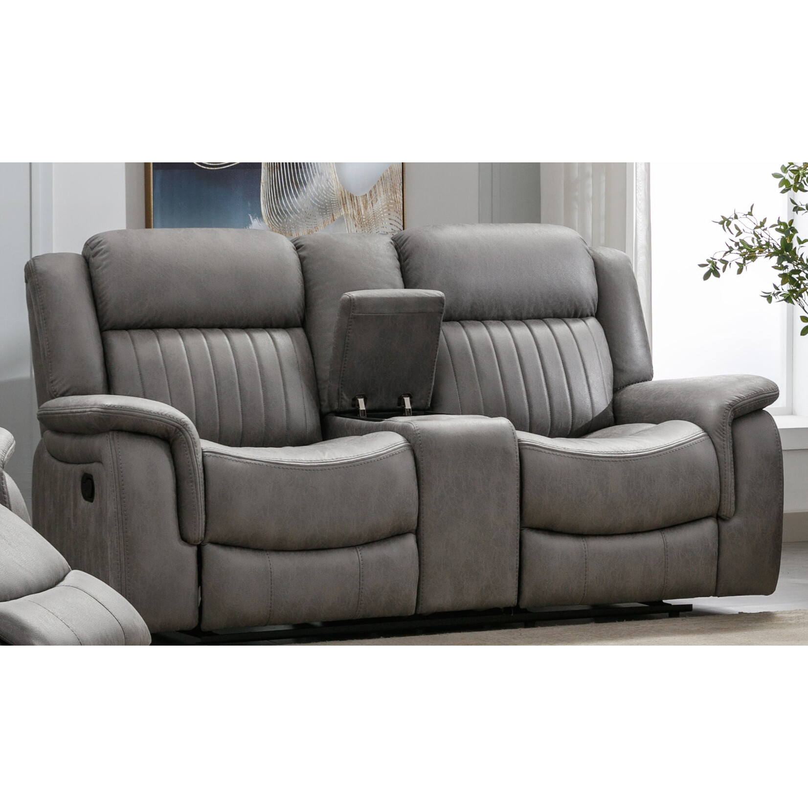 Nationwide Furniture Distributors #U147L - Contemporary Manual Motion Reclining Loveseat in a Grey Polyester Fabric w/ Storage Console and USB Port