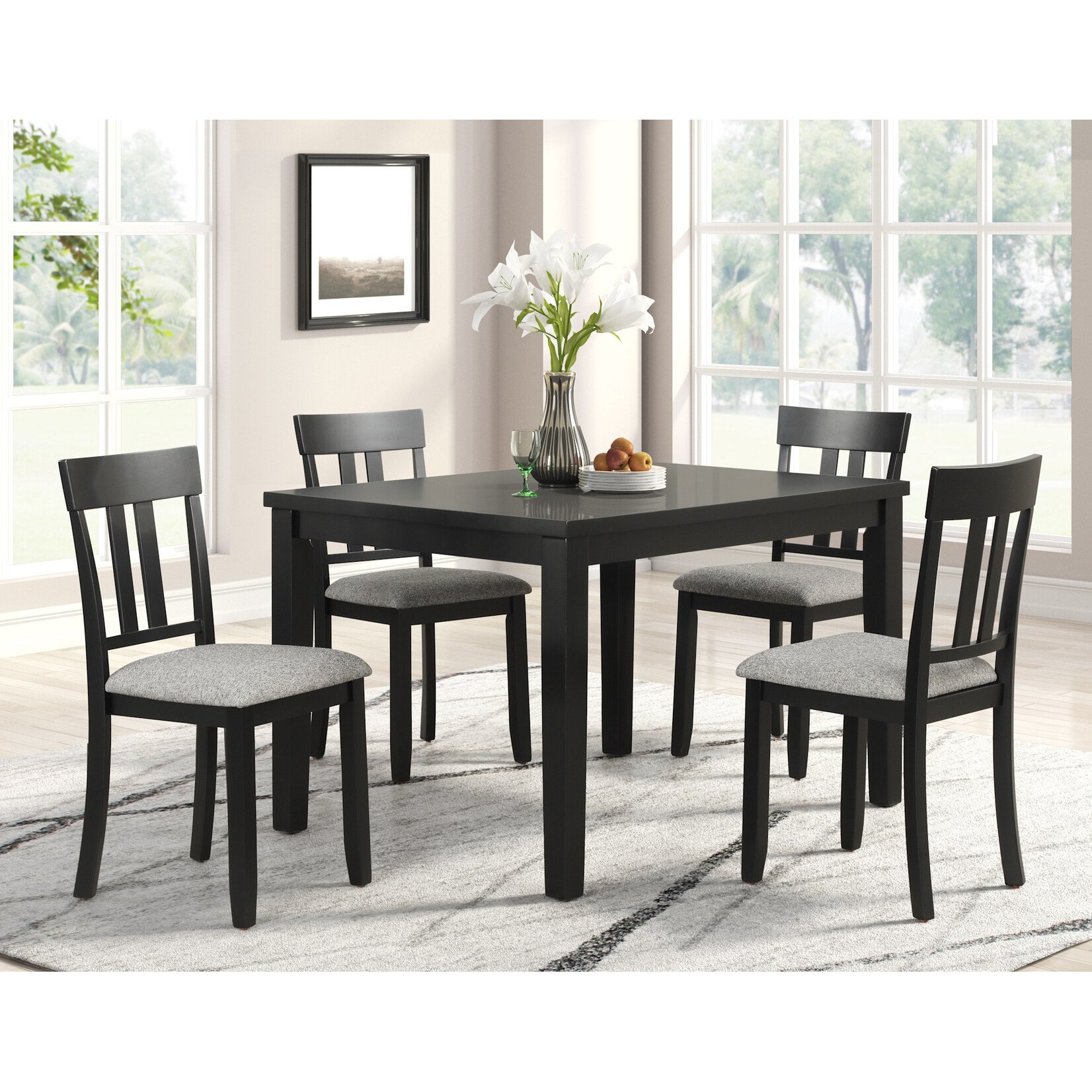 Nationwide Furniture Distributors #D525-5 - Contemporary Style 5 Piece Dining Set in a Black Finish With Grey Textured Fabric Seat Cushions