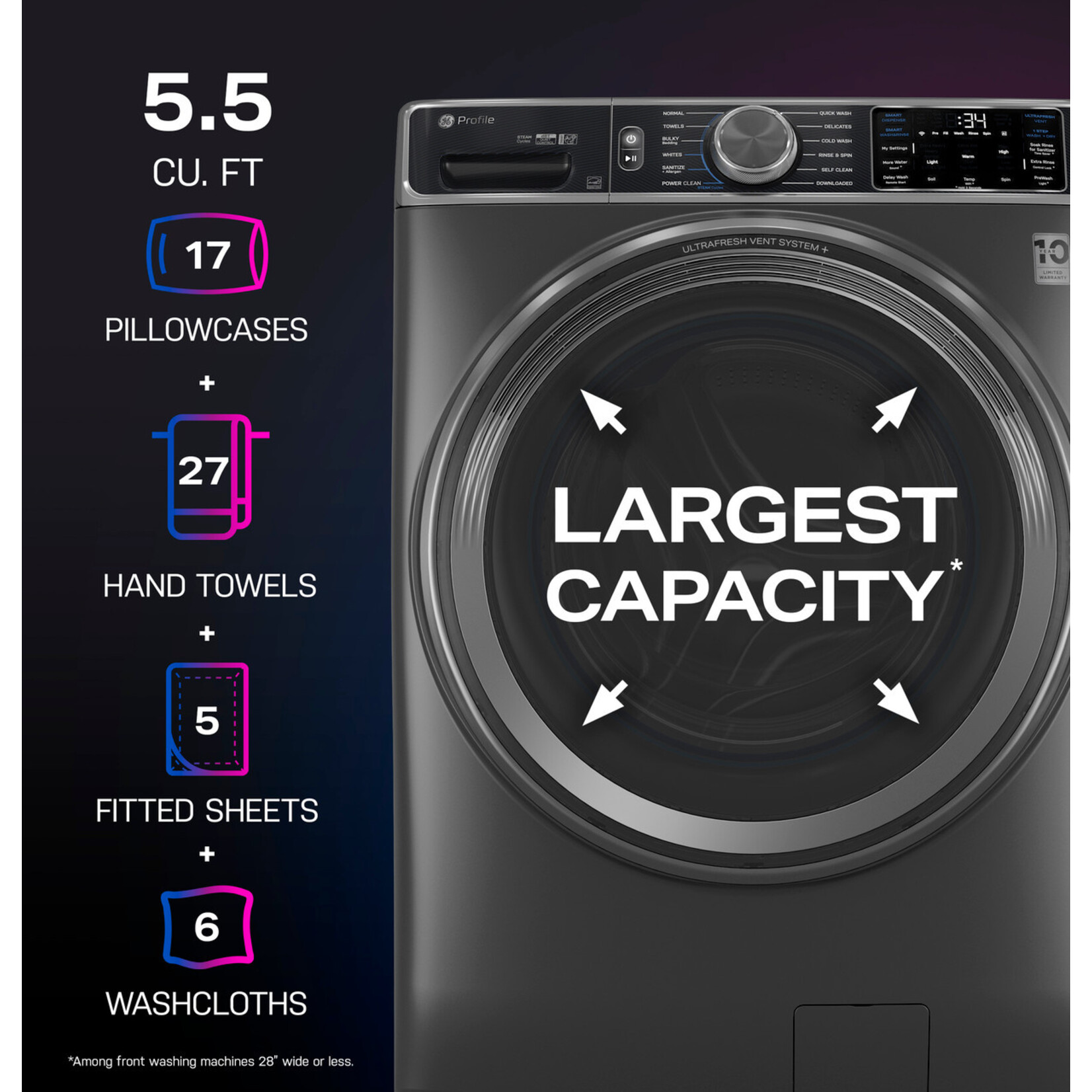 GE #PFW955SPW0DS - GE Profile™ 5.5 cu. ft. Capacity Smart Front Load ENERGY STAR® Steam Washer with UltraFresh Vent System+ and Smart Wash & Smart Rinse