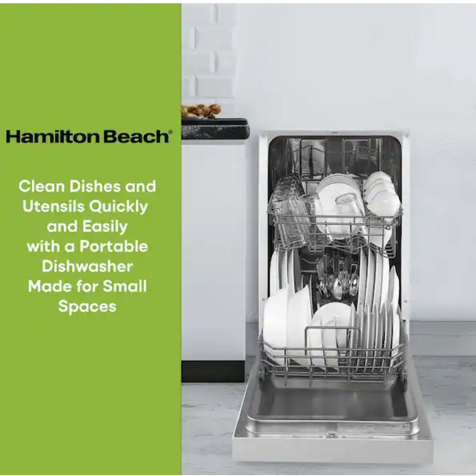 HAMILTON BEACH HBDW1809-B-WHITE 18 in. White Electronic Portable 120-volt Dishwasher with 3-Cycles with 8 Place Settings Capacity