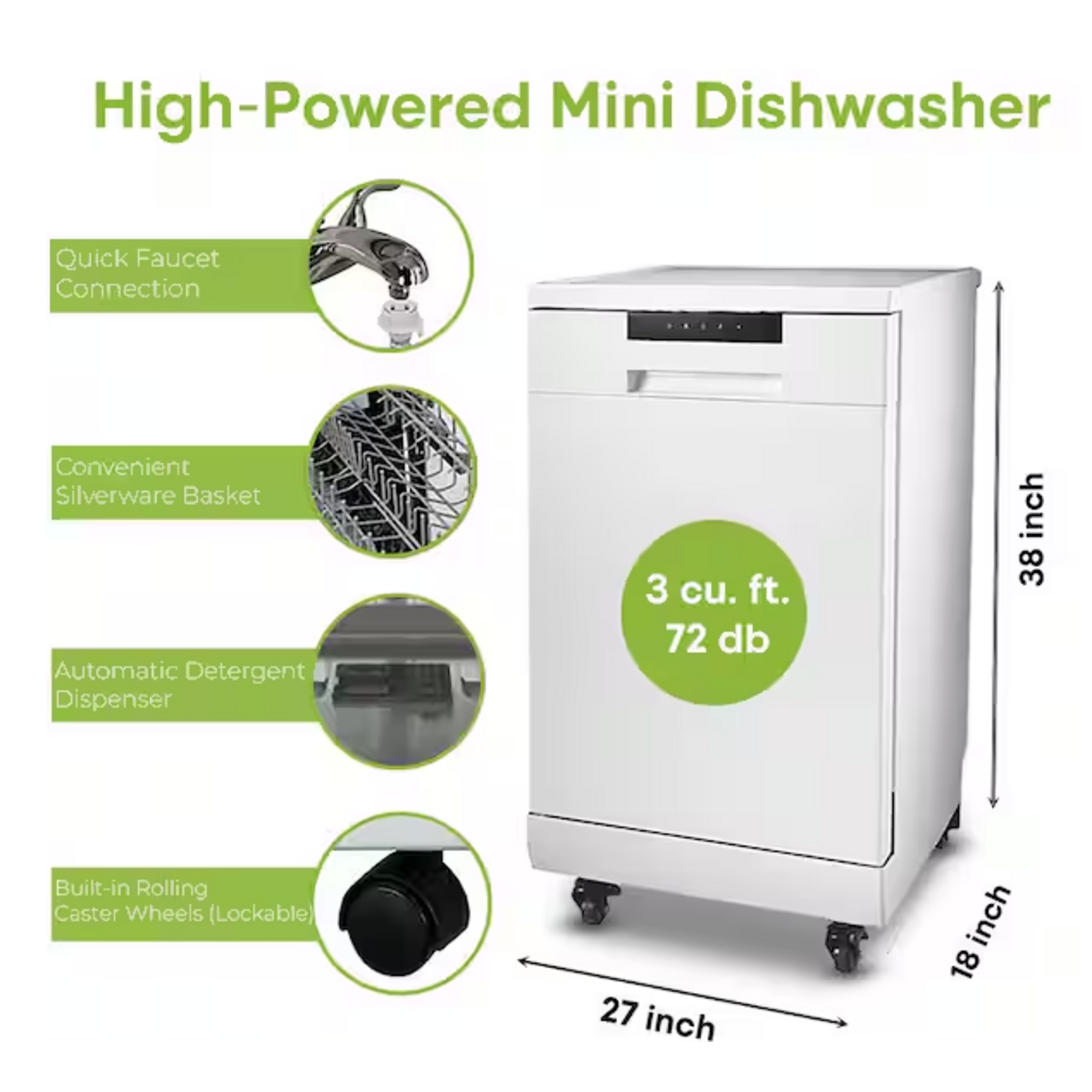 HAMILTON BEACH HBDW1809-B-WHITE 18 in. White Electronic Portable 120-volt Dishwasher with 3-Cycles with 8 Place Settings Capacity