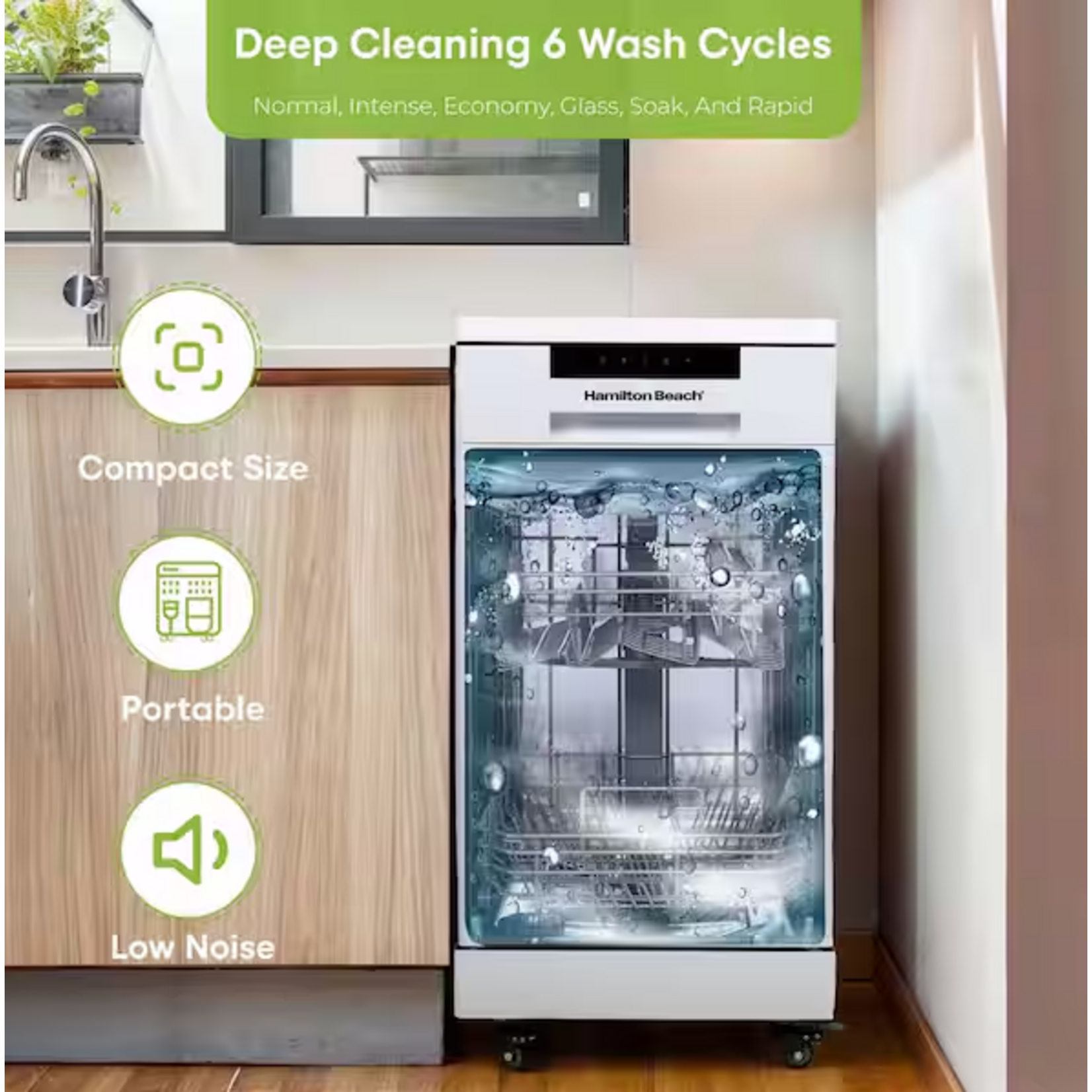 HAMILTON BEACH HBDW1809-B-WHITE 18 in. White Electronic Portable 120-volt Dishwasher with 3-Cycles with 8 Place Settings Capacity