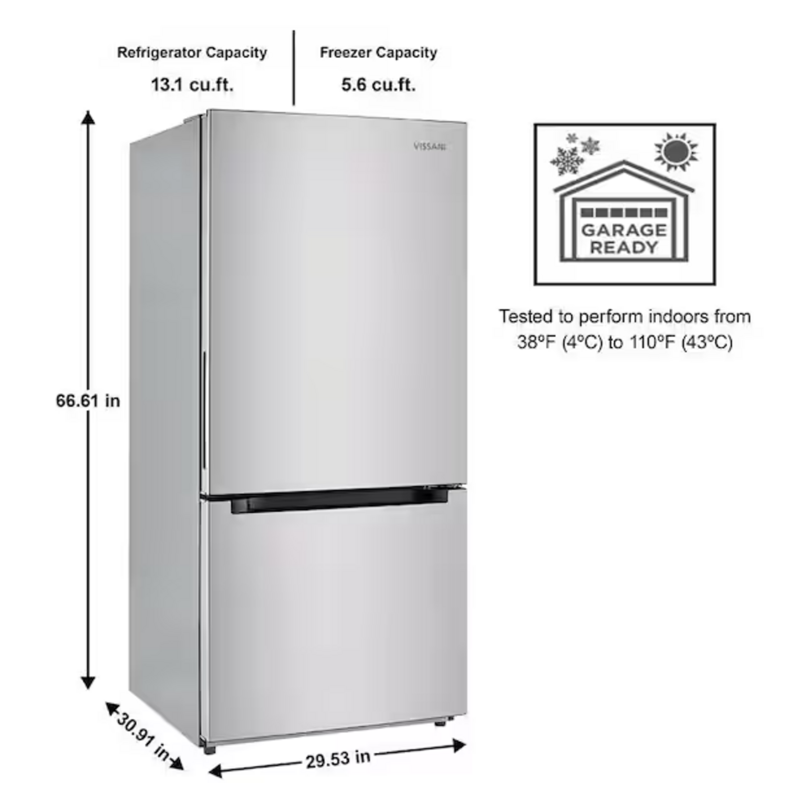 VISANI MDBF18SS 30 in. 18.7 cu. ft. Bottom Freezer Refrigerator in Fingerprint Resistant Stainless Steel, Garage Ready