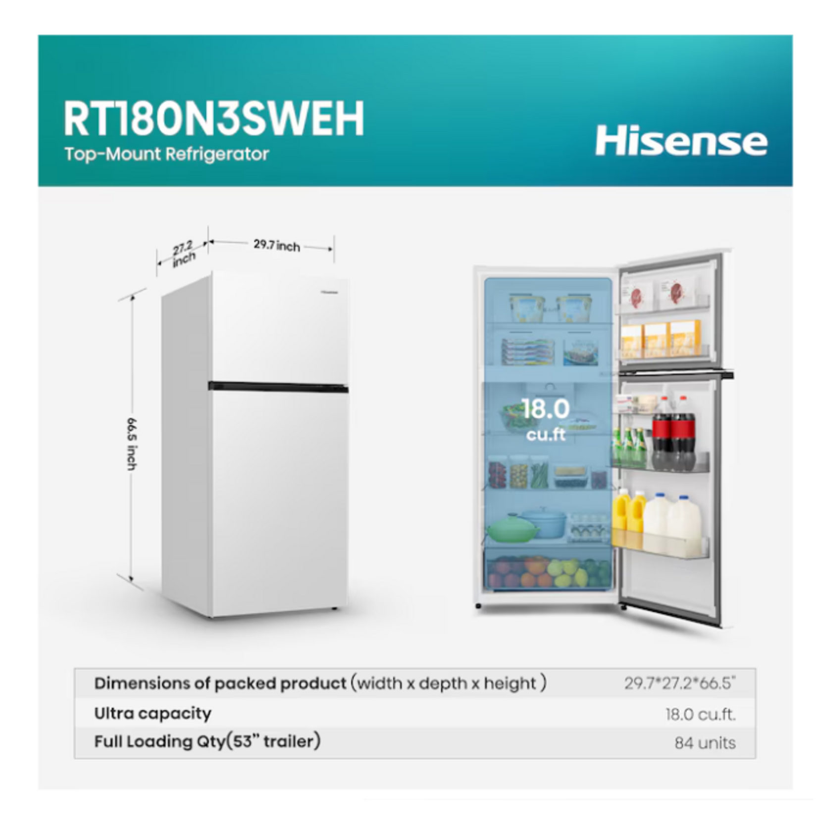 Hisense RT180N3SWEH Hisense PureSpace 18.1-cu ft Counter-Depth 30-in Wide Top-Freezer Refrigerator ( White ) Garage Ready ENERGY STAR Certified