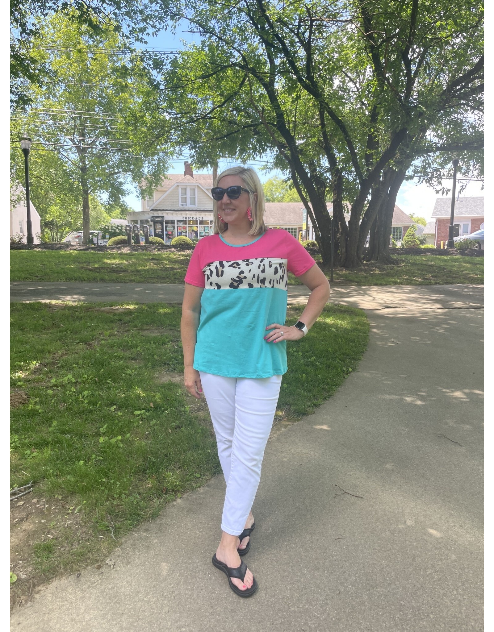 Colorblock Teal/Pink leopard shirt xl