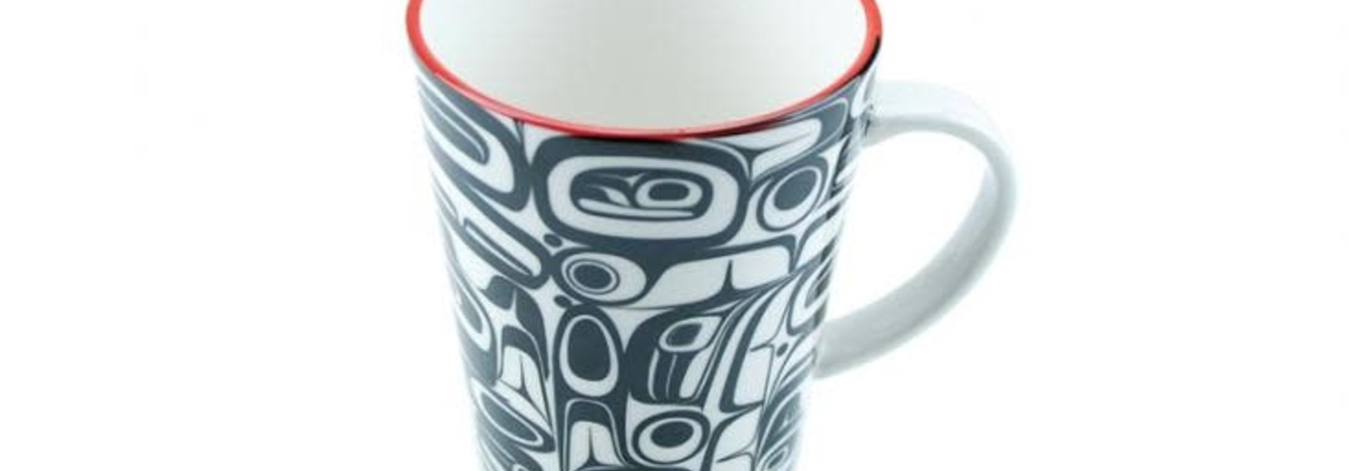 Boxed Ceramic Mug with Raven design by artist Kelly Robinson. Red/Black.
