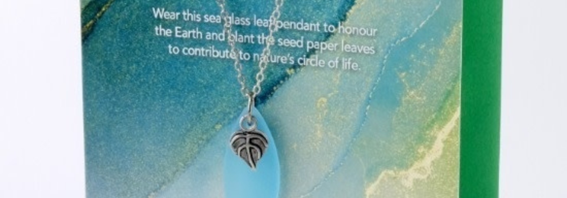 Mini Greeting Card with Leaf Aqua Sea Glass necklace