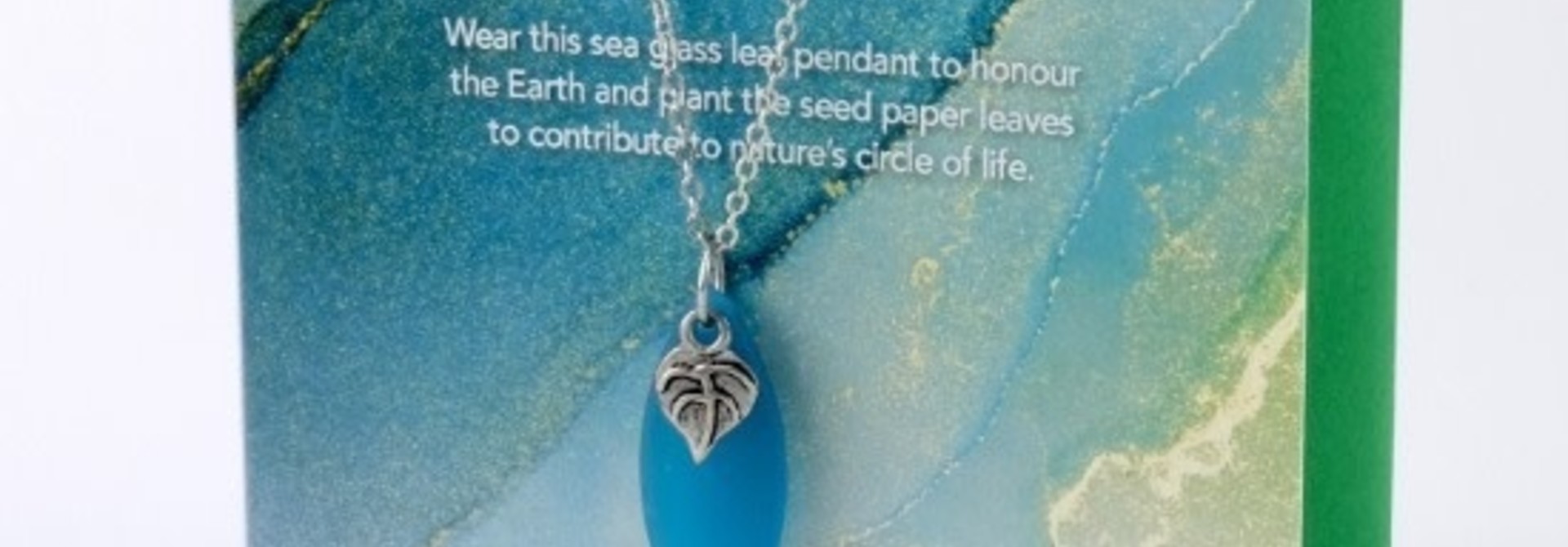 Mini Greeting Card with Leaf Teal Sea Glass necklace