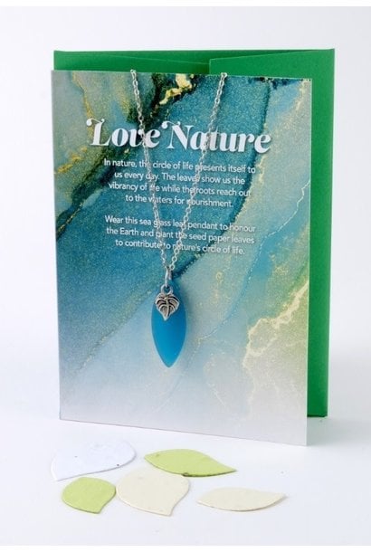 Mini Greeting Card with Leaf Teal Sea Glass necklace