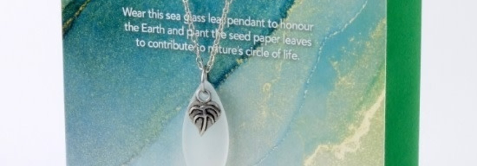 "Love Nature" Mini Greeting Card with Leaf White Sea Glass necklace