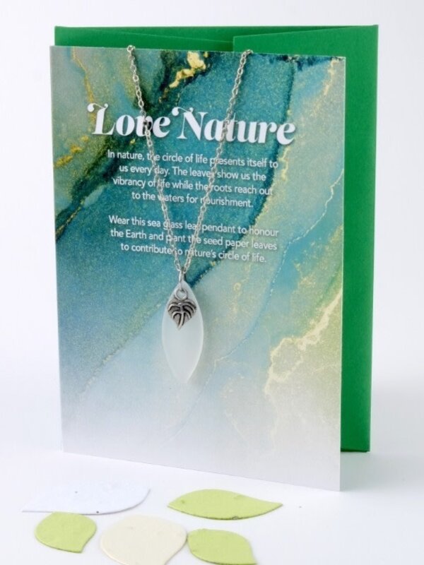 Monague "Love Nature" Mini Greeting Card with Leaf White Sea Glass necklace