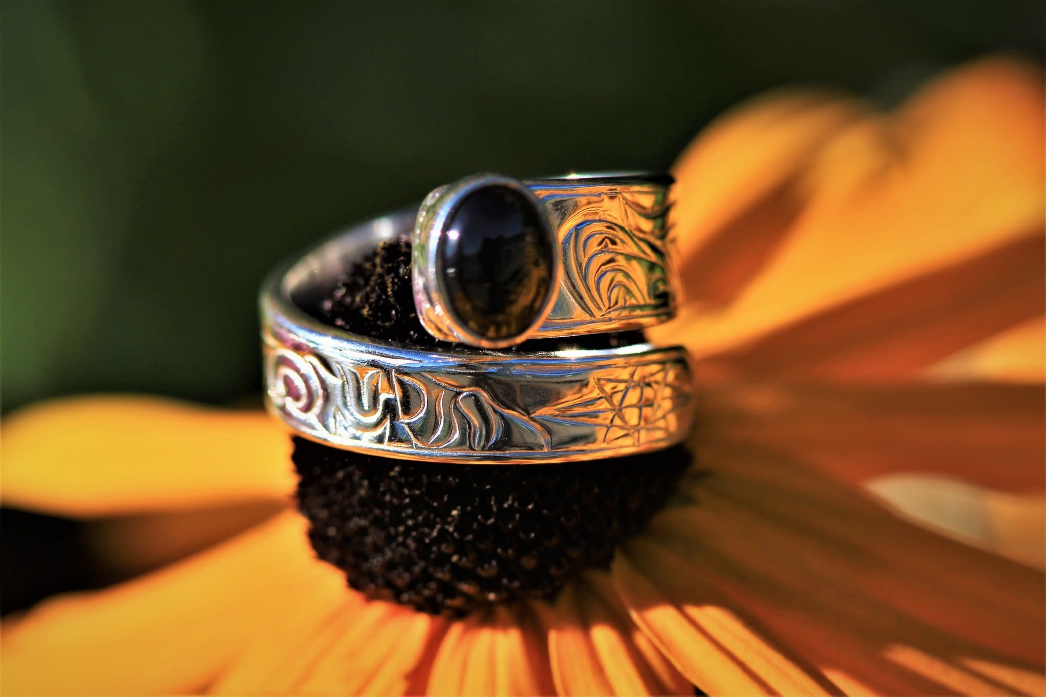 Silver Cast Wrap Ring- Honor our Mother w Onyx size 9.5-1