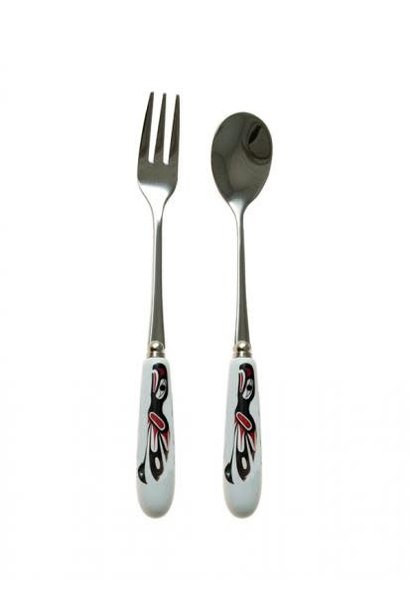 Ceramic handle fork & spoon set-Eagle by Corrine Hunt